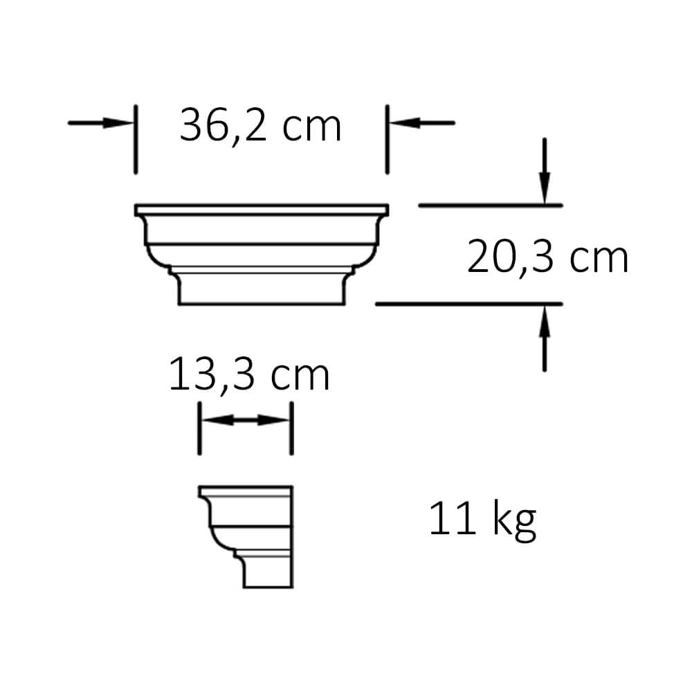 Disegno tecnico con le dimensioni e il peso di una ciotola decorativa da giardino in metallo