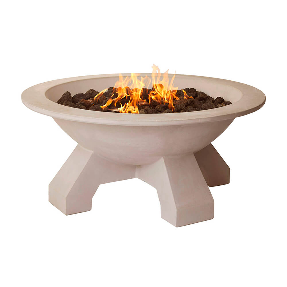 Brasero blanc avec feu allumé sur un support robuste, parfait pour des soirées conviviales au jardin