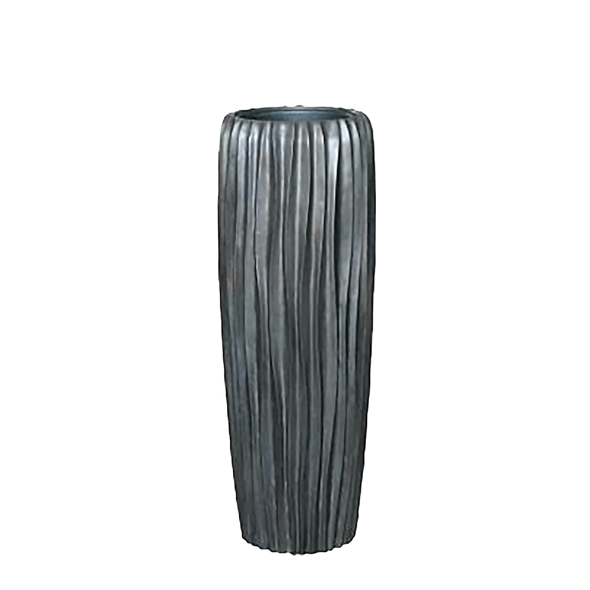 Schlanke hohe Metallvase mit gerillter Oberfläche als Gartendeko