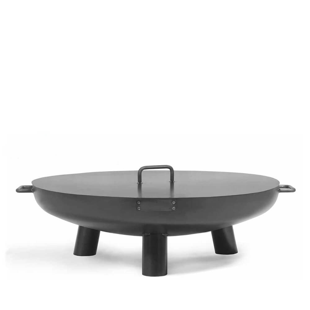 Runder schwarzer Gartengrill aus Metall mit drei Beinen und Deckel mit Griff