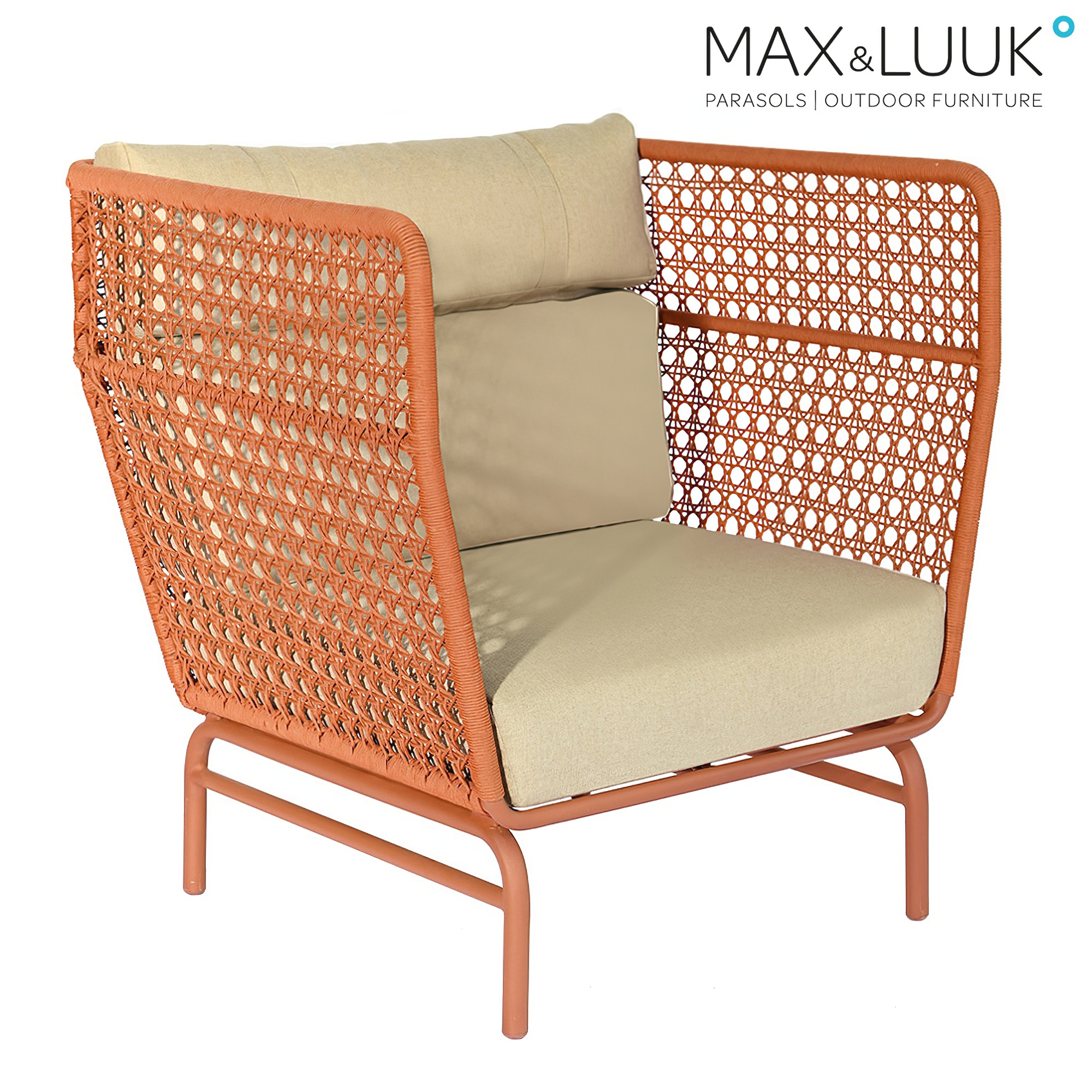 Oranger Retro Loungesessel mit Armlehnen für den Garten von Max & Luuk - Jane Gartensessel