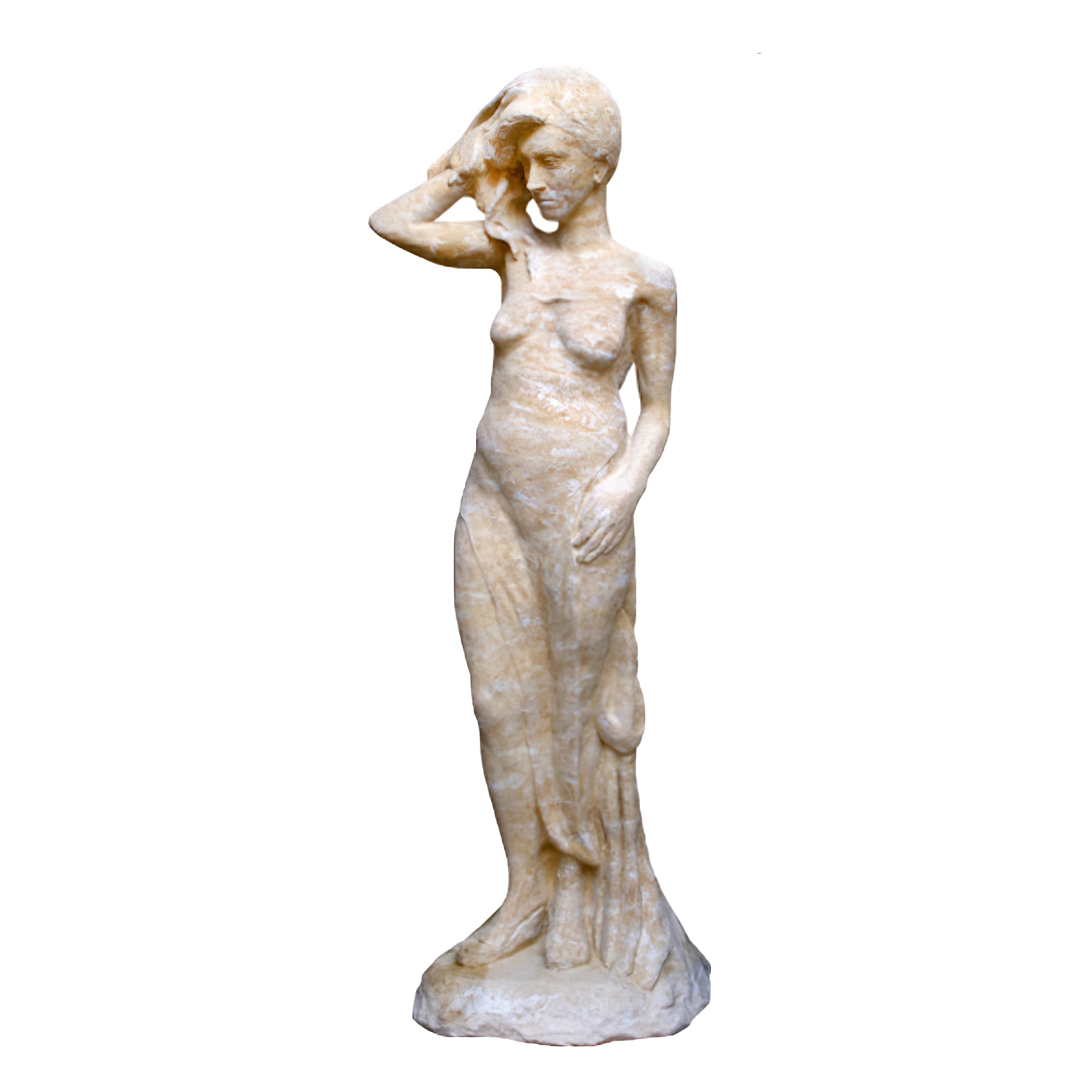Statua da giardino bianca di donna nuda in piedi con una mano nei capelli
