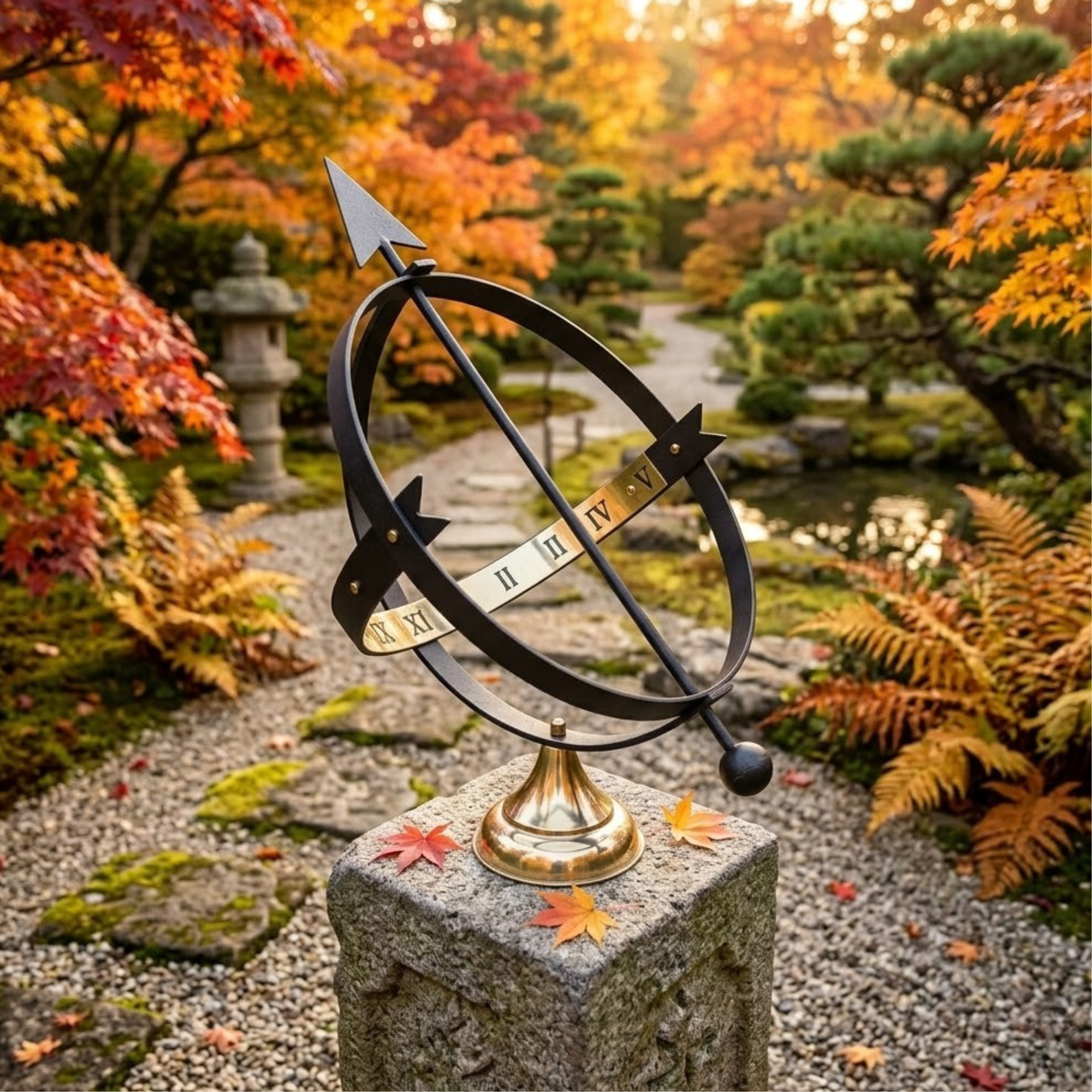 Cadran solaire en métal noir sur un socle en pierre avec des feuilles d'automne colorées dans le jardin