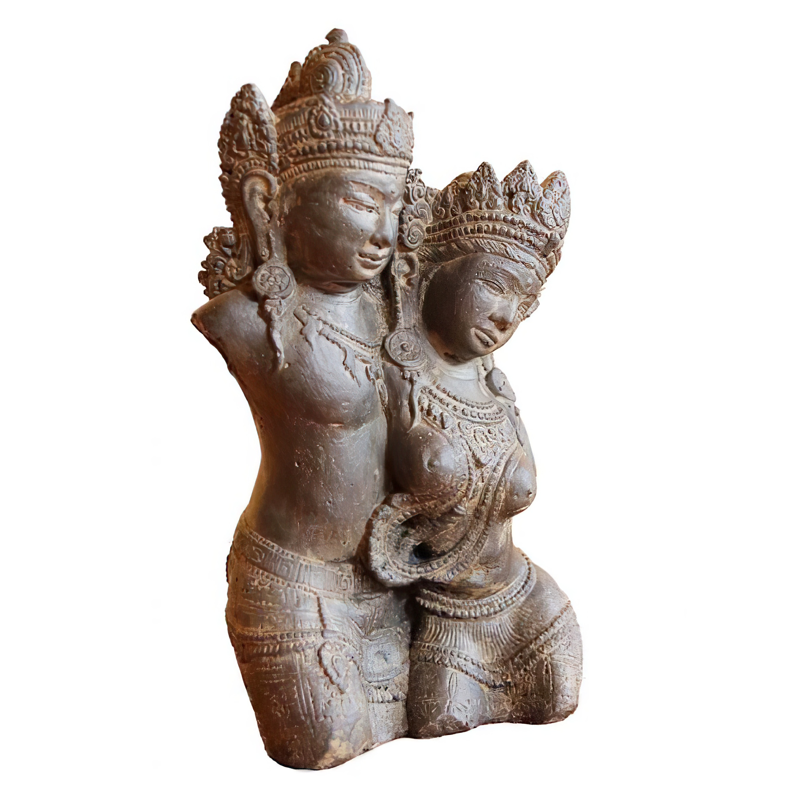 Statue de jardin en pierre représentant un couple hindou traditionnel, idéale pour une décoration de jardin exotique