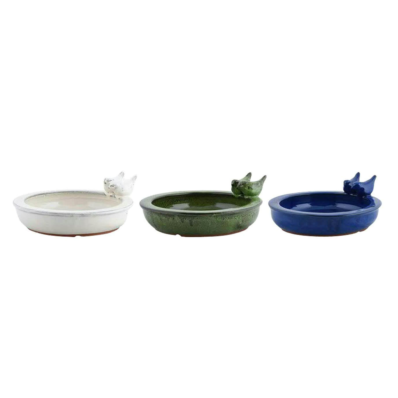 Tre abbeveratoi ovali in ceramica per uccelli, nei colori bianco, verde e blu con motivi di uccelli, ideali per il giardino