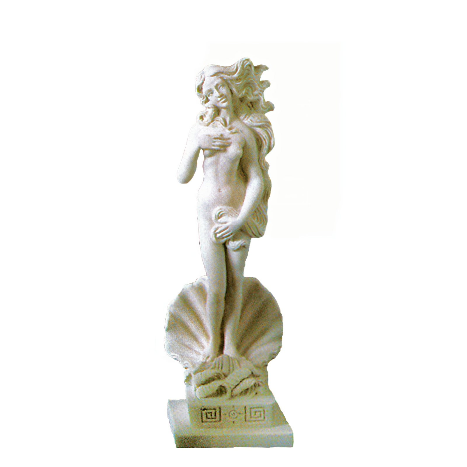 Weisse Skulptur einer Venus auf einer Muschel, dekorativ für den Garten