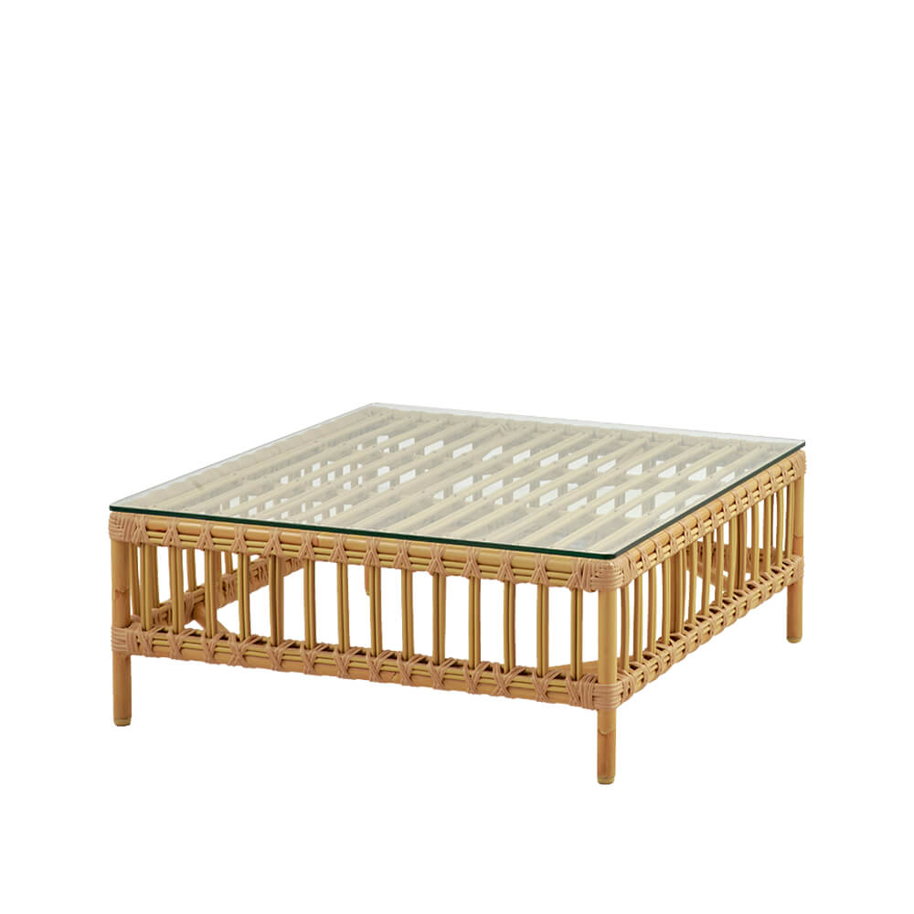 Quadratischer Beistelltisch für die Gartenlounge in natürlichen Braunton - Loungetisch Stine / mit Glasplatte