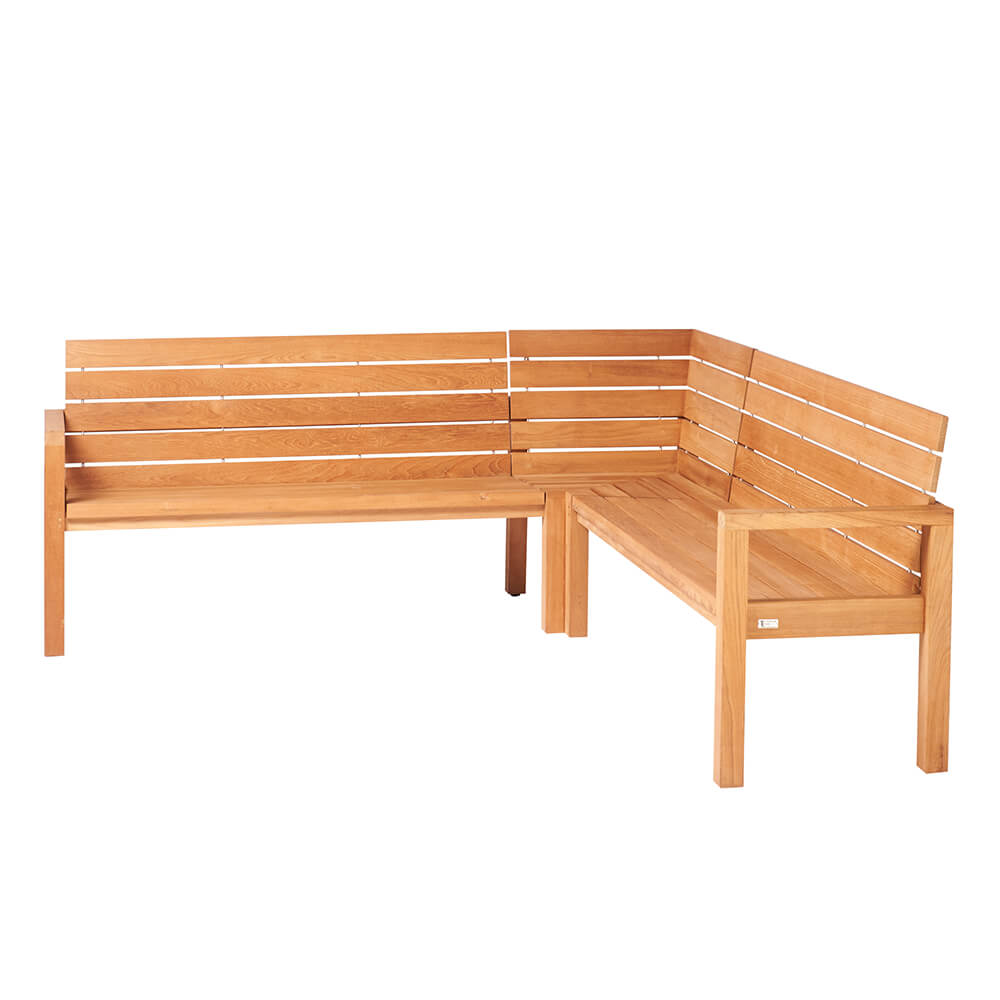 Banc d'angle en bois naturel avec dossier pour jardin