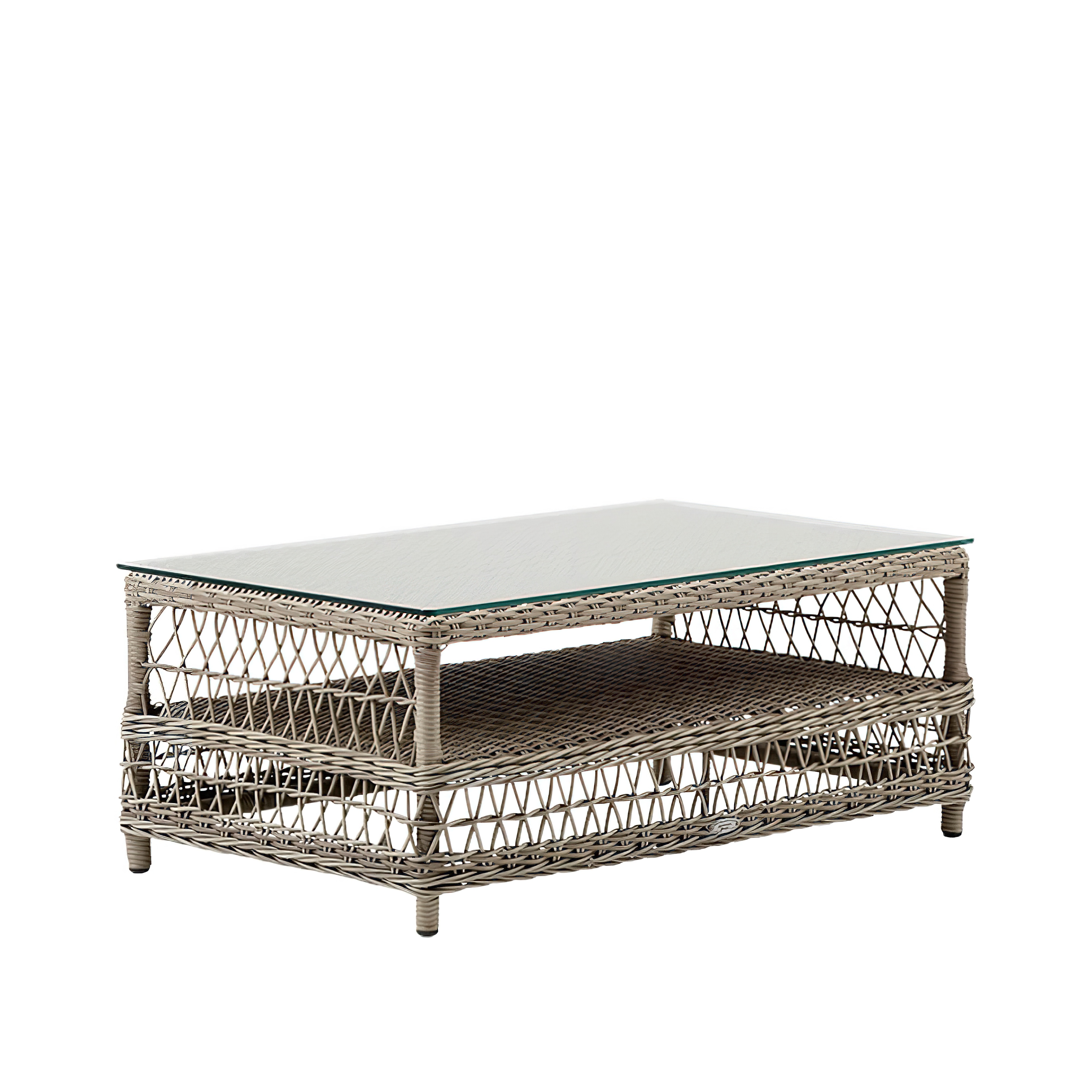 Table de jardin rectangulaire moderne en rotin avec plateau en verre et étagère inférieure