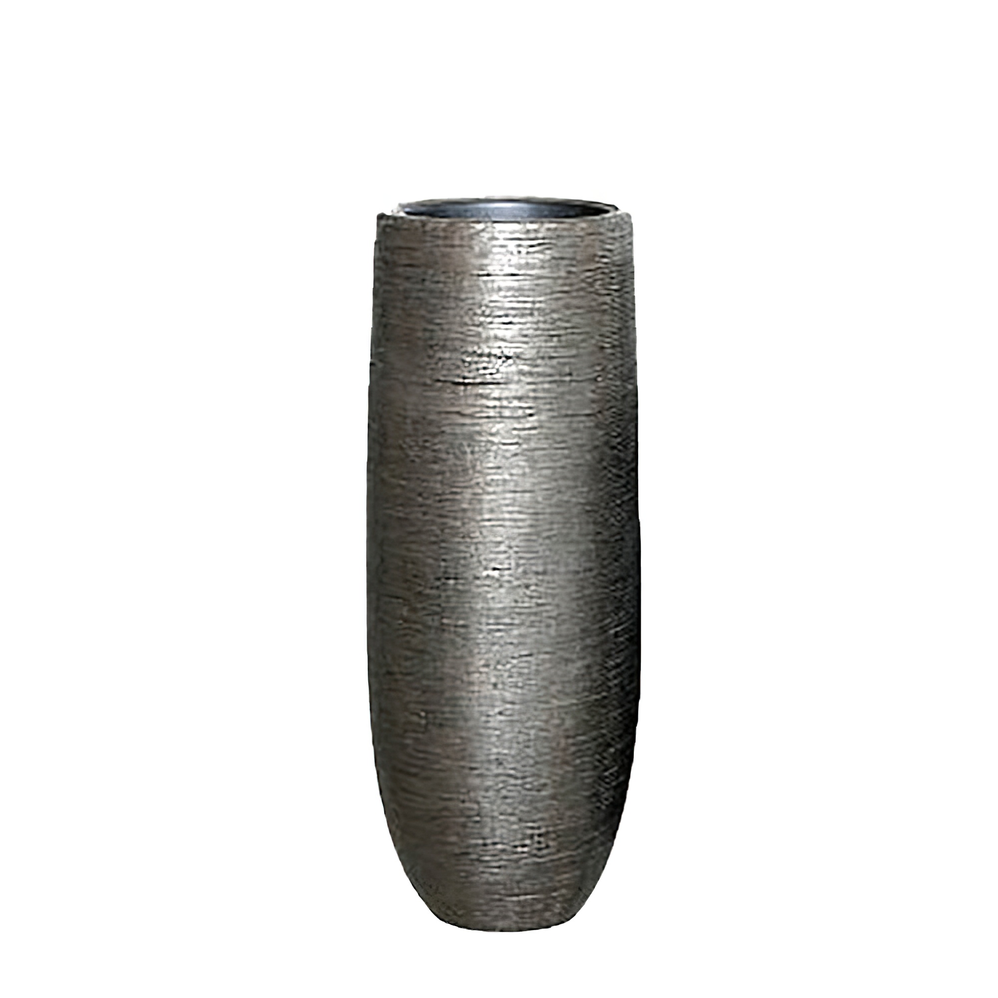 Großer hoher Gartentopf mit silbernem Metallic-Finish für Pflanzen und Dekoration