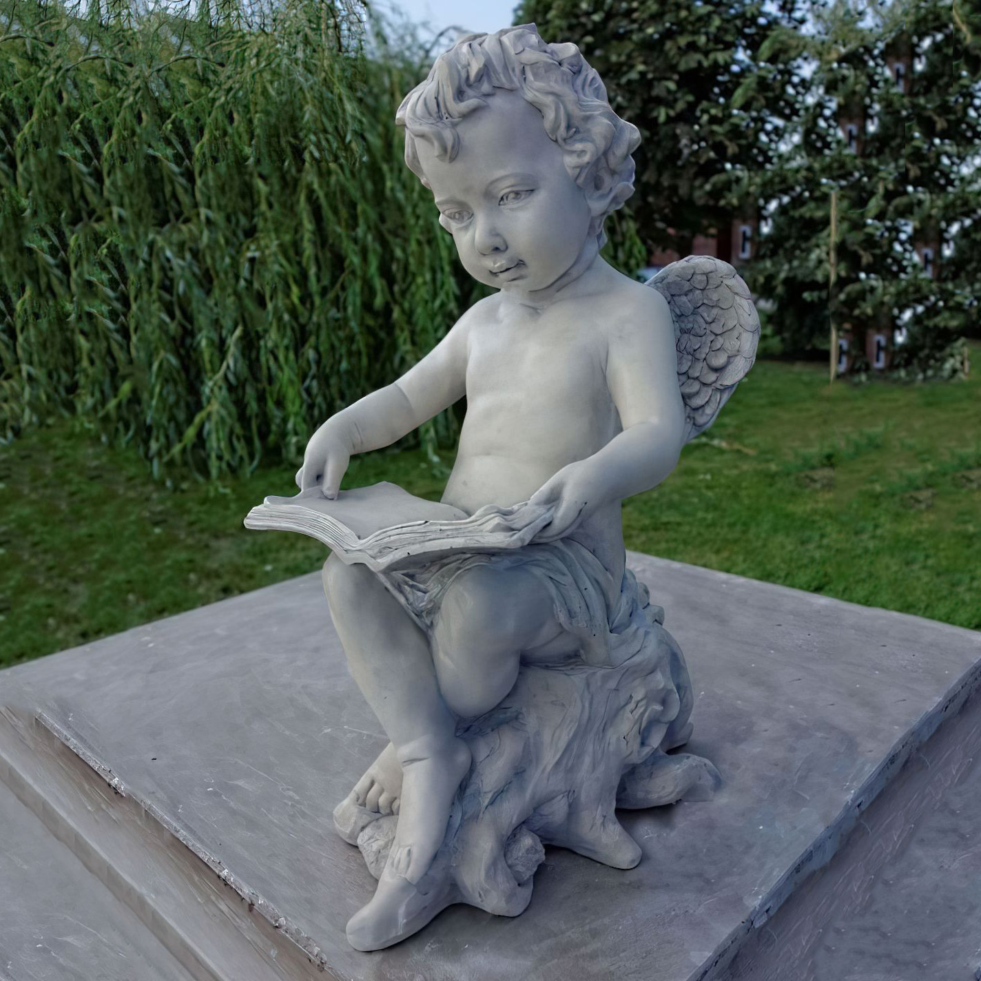 Sitzende Engel Garten Figur aus Steinguss mit Buch - Dennis / Antikia