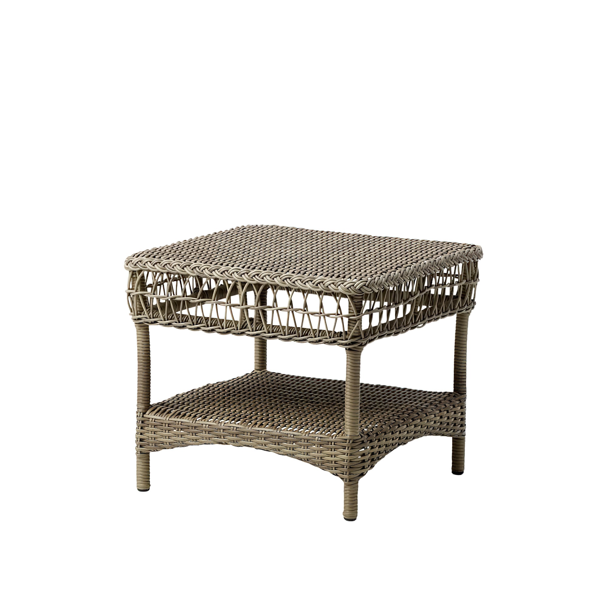 Quadratischer Gartentisch mit zwei Ebenen aus braunem geflochtenem Rattan