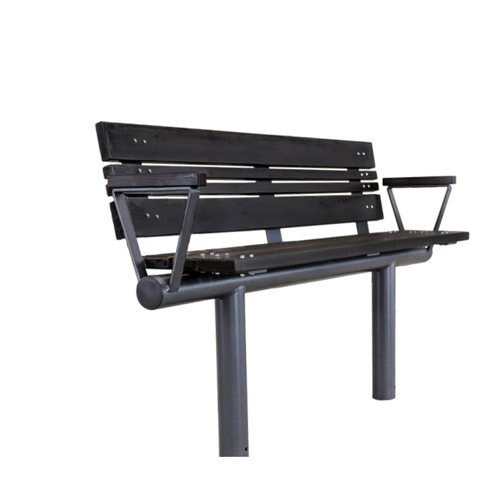 Moderne Bank mit Armlehne aus Metall und Holz für den Außenbereich - Fenno