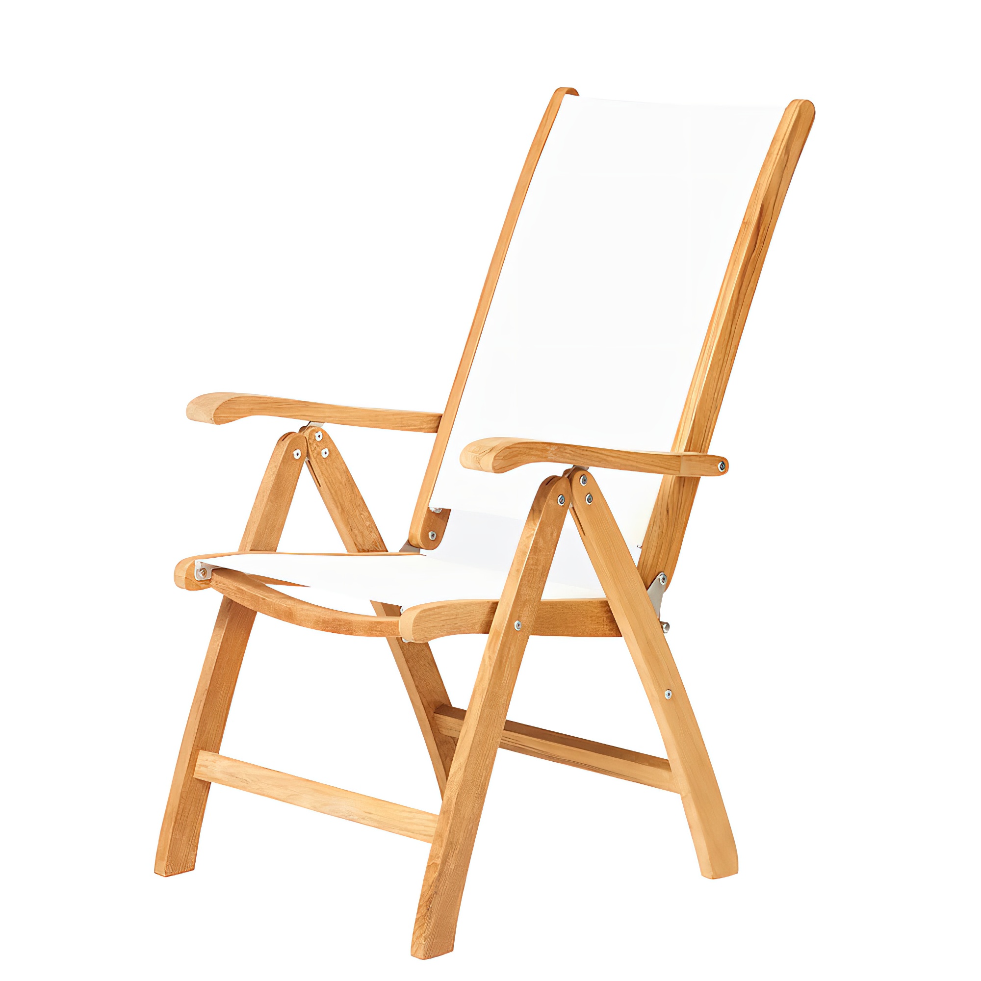Sedia da giardino beige con struttura in legno e seduta in tessuto, ideale per il giardino