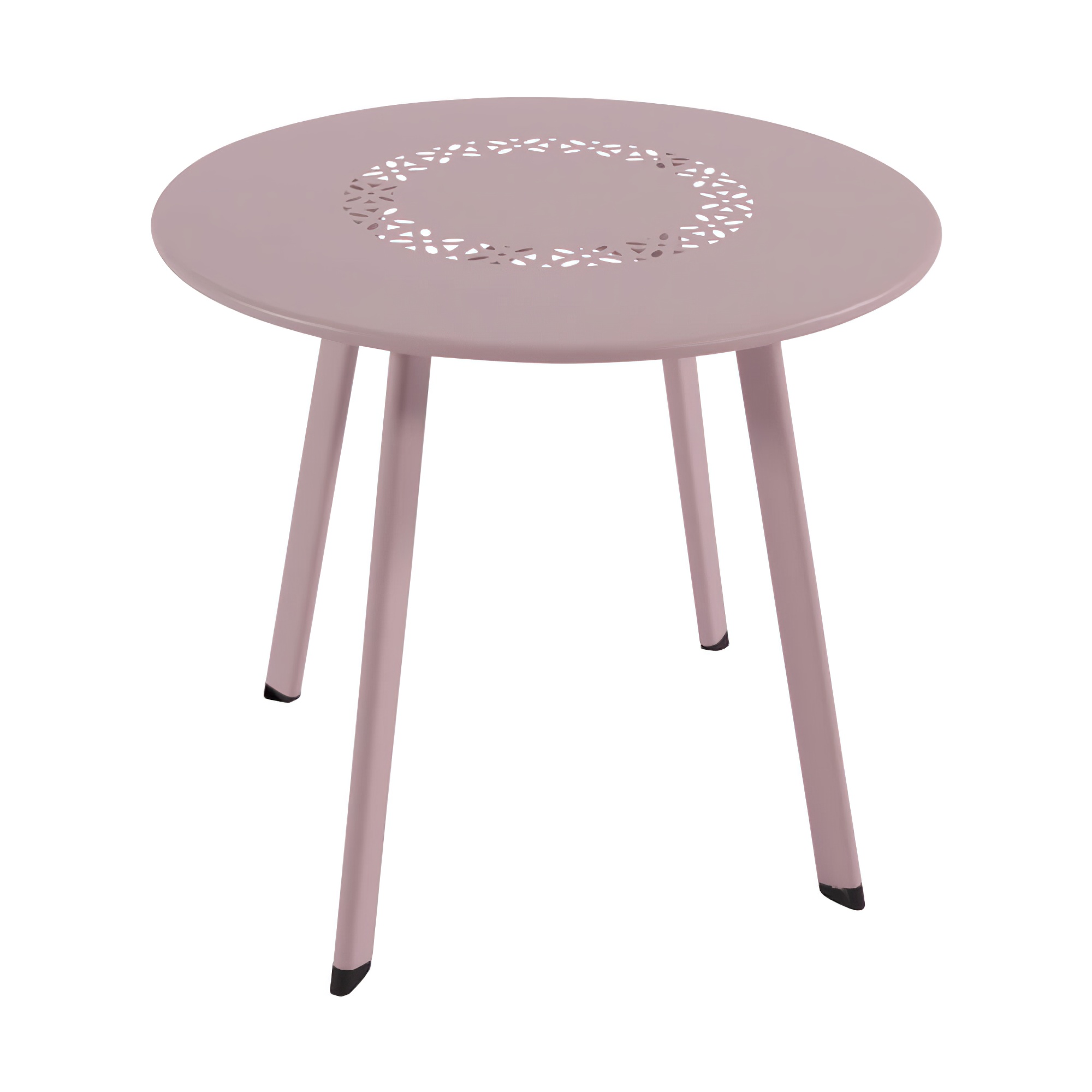 Table de jardin ronde rose avec motif blanc décoratif dans un jardin