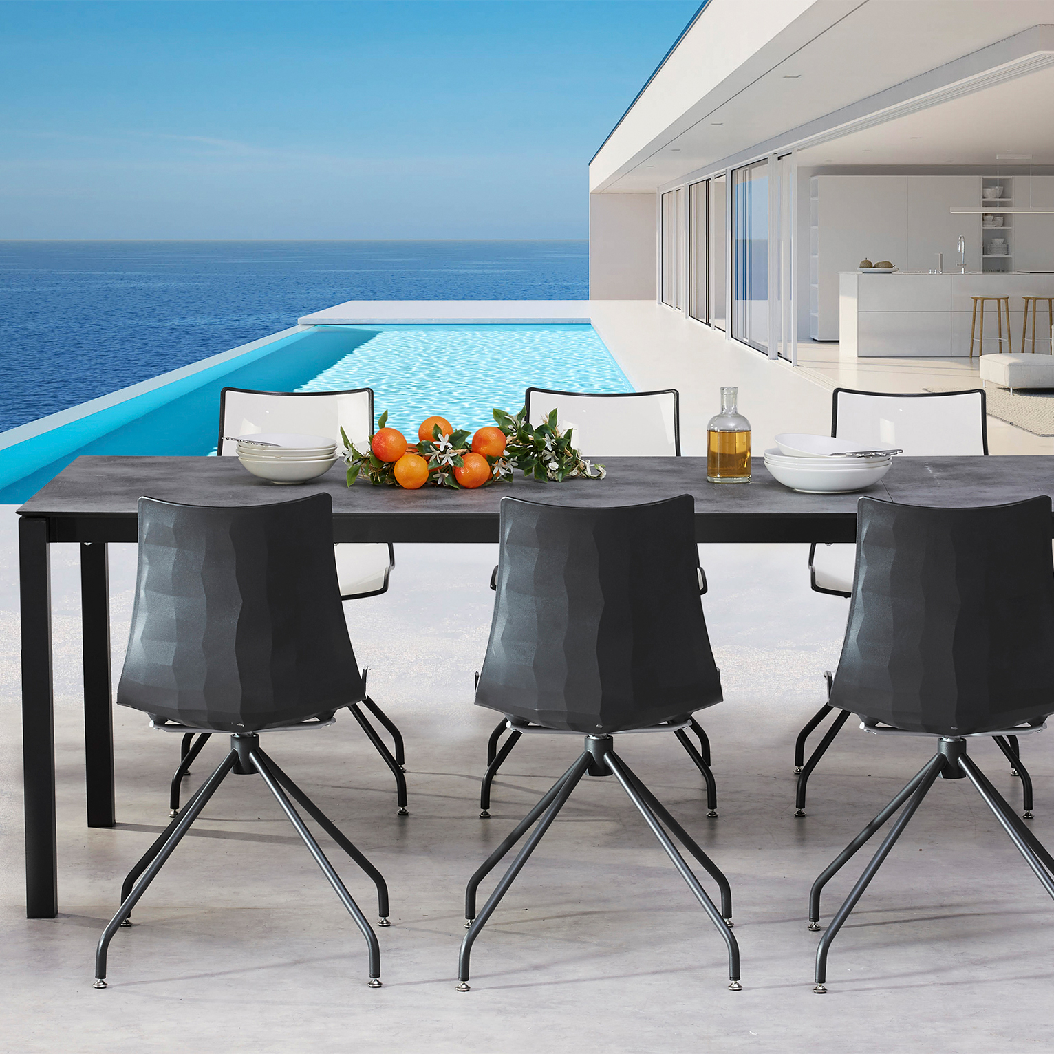 Moderne 6-Sitzer Essecke mit Ausziehtisch und Drehstühlen - anthrazit/weiß - Efinie