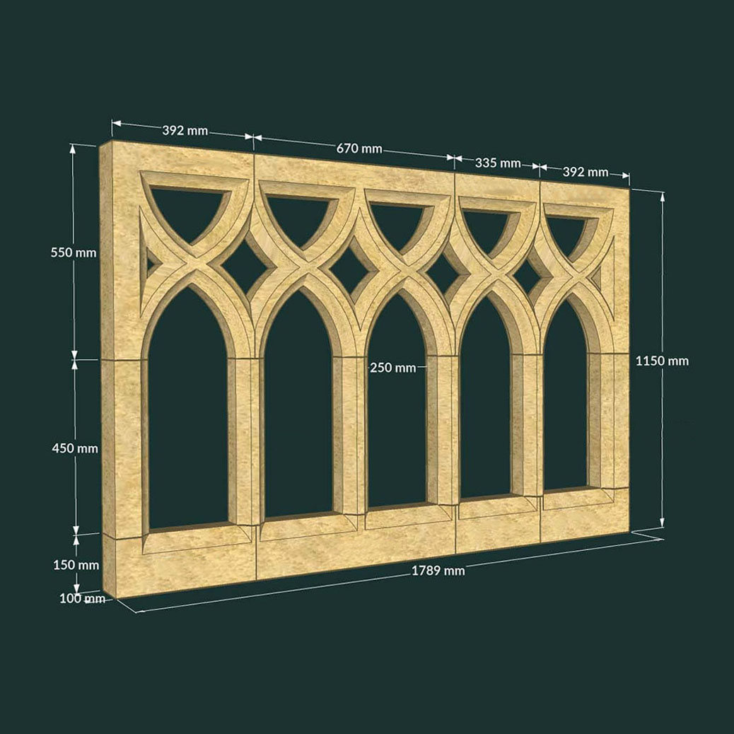 XXL Fenster mit Spitzbögen für Gartenruinen aus Steinguss - King Heawood / 115,0x178,9x10,0cm (HxBxT); 205kg
