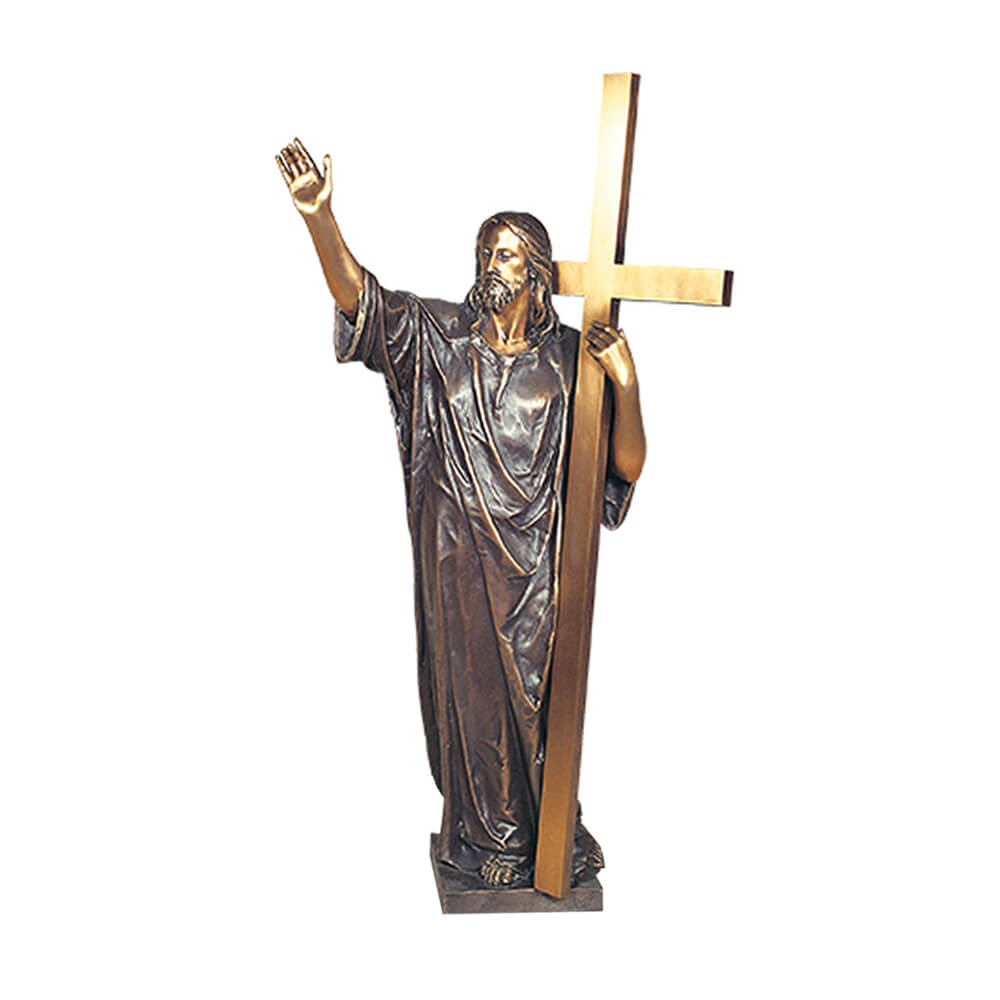 Statua in bronzo di Gesù che tiene una croce, decorazione da giardino