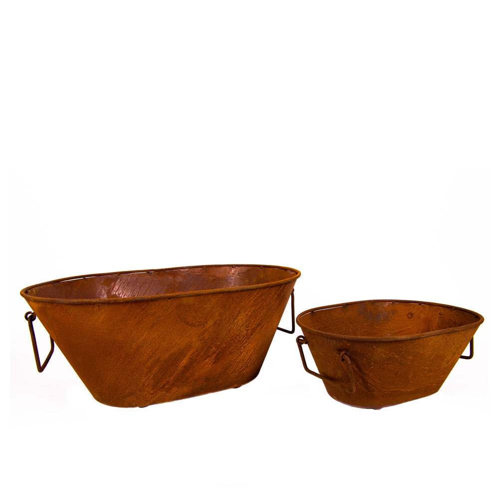 2er Set Pflanztröge mit Henkeln aus Metall in Rostoptik - Trogolo