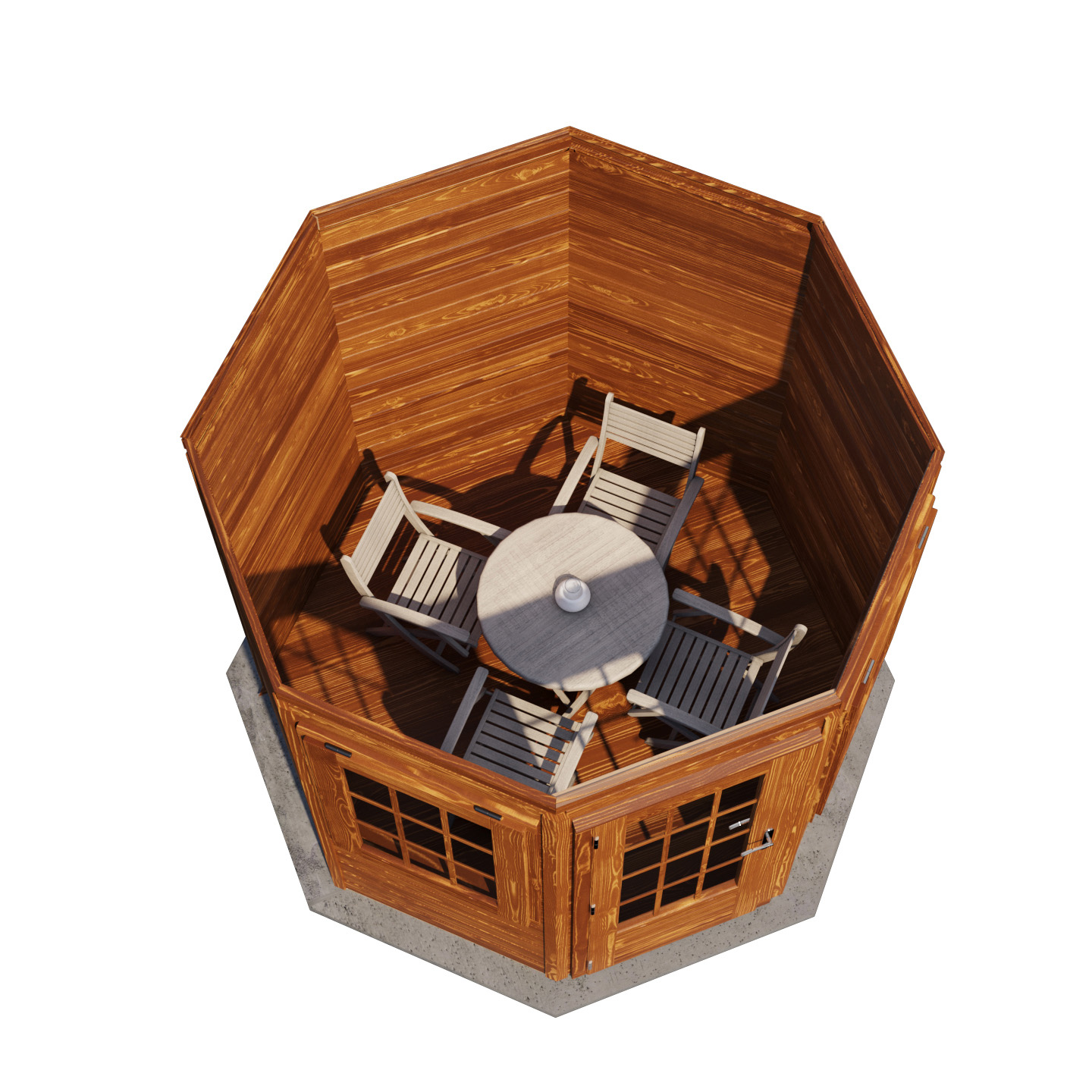 Maison de jardin en bois vue de dessus avec table ronde et quatre chaises