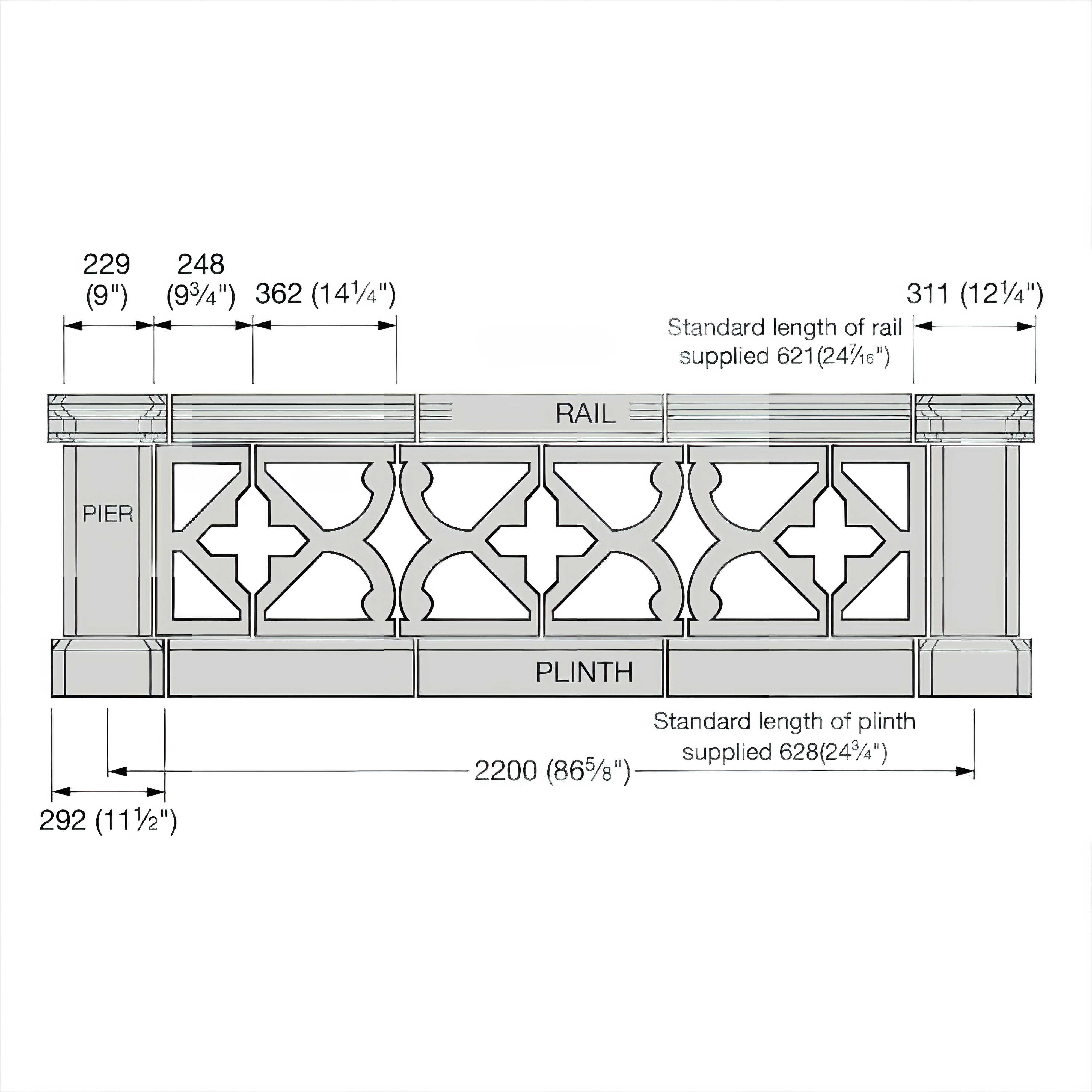 Dimensions et détails d'une balustrade de jardin décorative en pierre