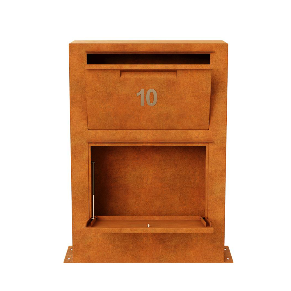 Cortenstahl Briefkasten breiter Standbriefkasten mit Paketfach