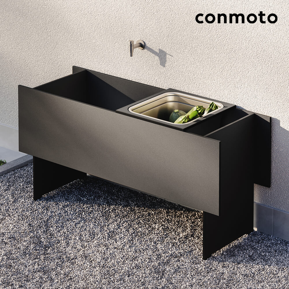 Eckiger Wassertrog aus HPL als moderne Gartenküche 70cm - Bacino Wassertrog / Anthrazit / mit Auflagerost