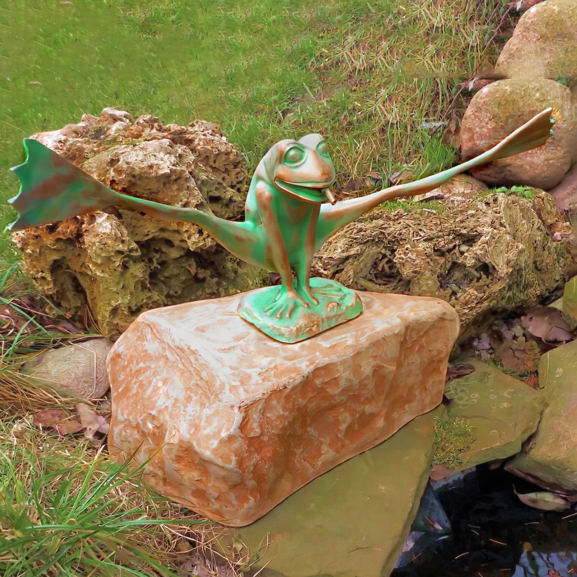 Fröhlicher Steinguss Frosch als Wasserspeier für den Gartenteich - Frederikos / Olimpia