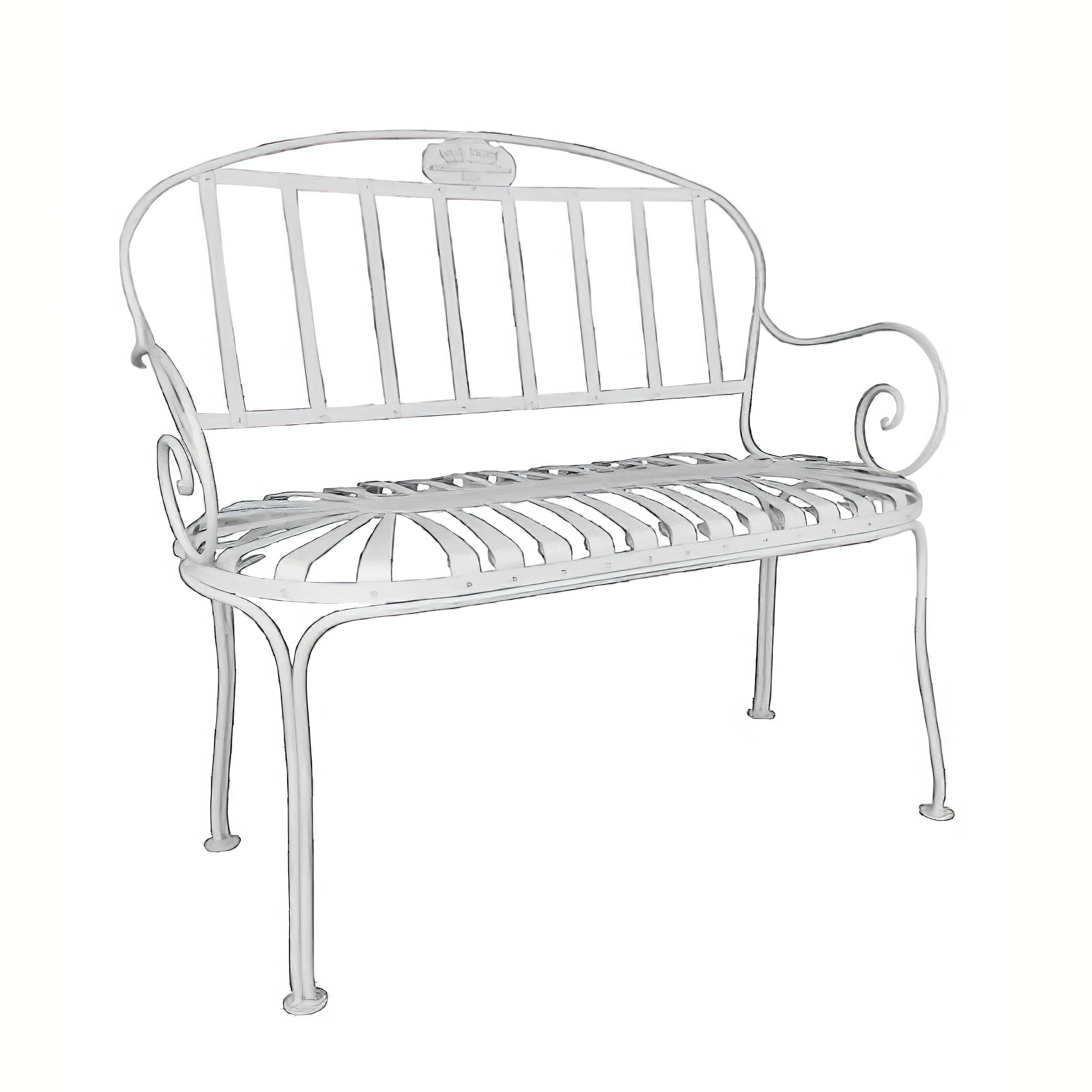Banc de jardin élégant en métal blanc avec accoudoirs courbés et barres verticales