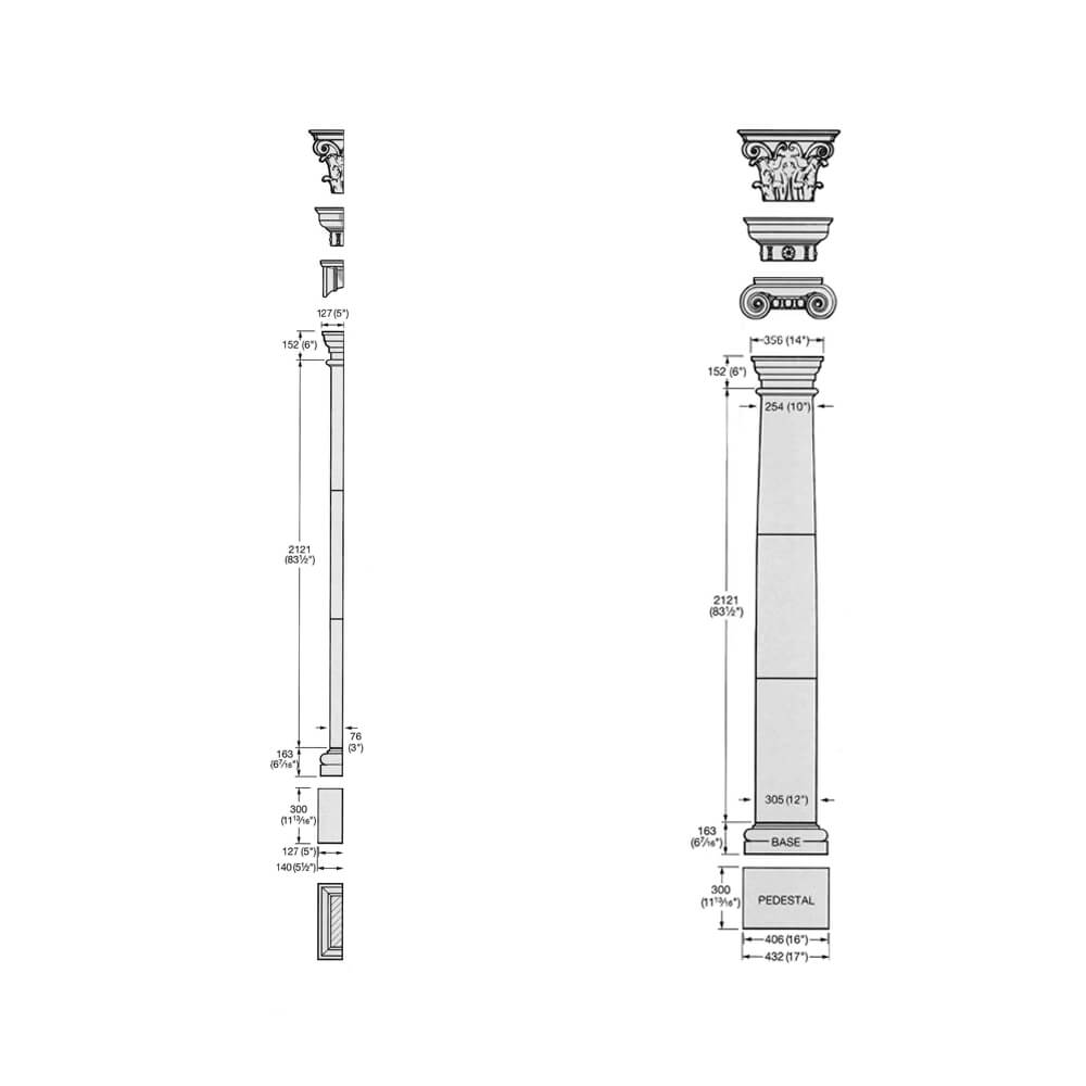 Disegno tecnico di una colonna con misure, adatta per decorazioni esclusive per il giardino