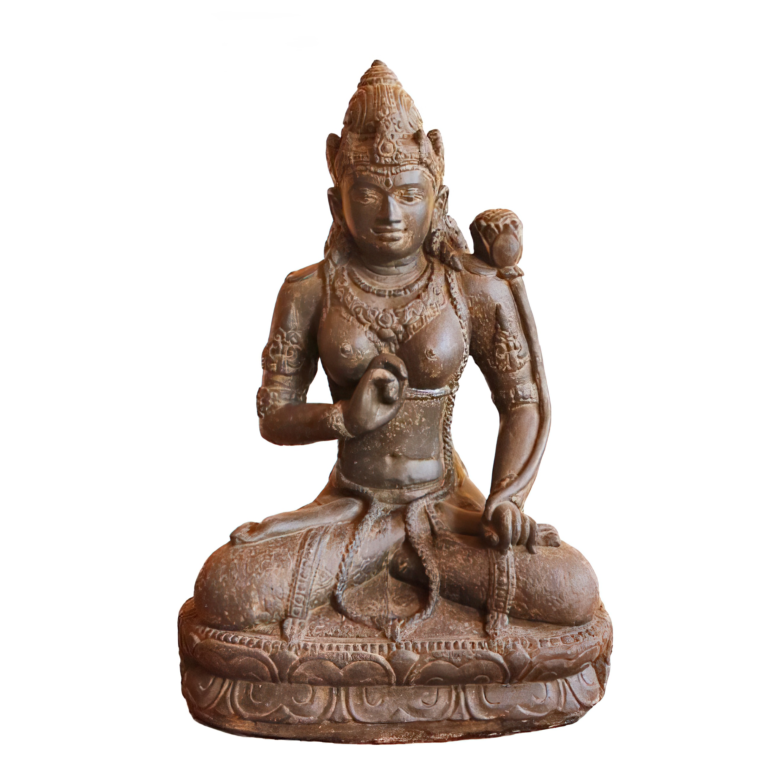 Statue en pierre brune de Bouddha assis avec la main fermée, décoration de jardin