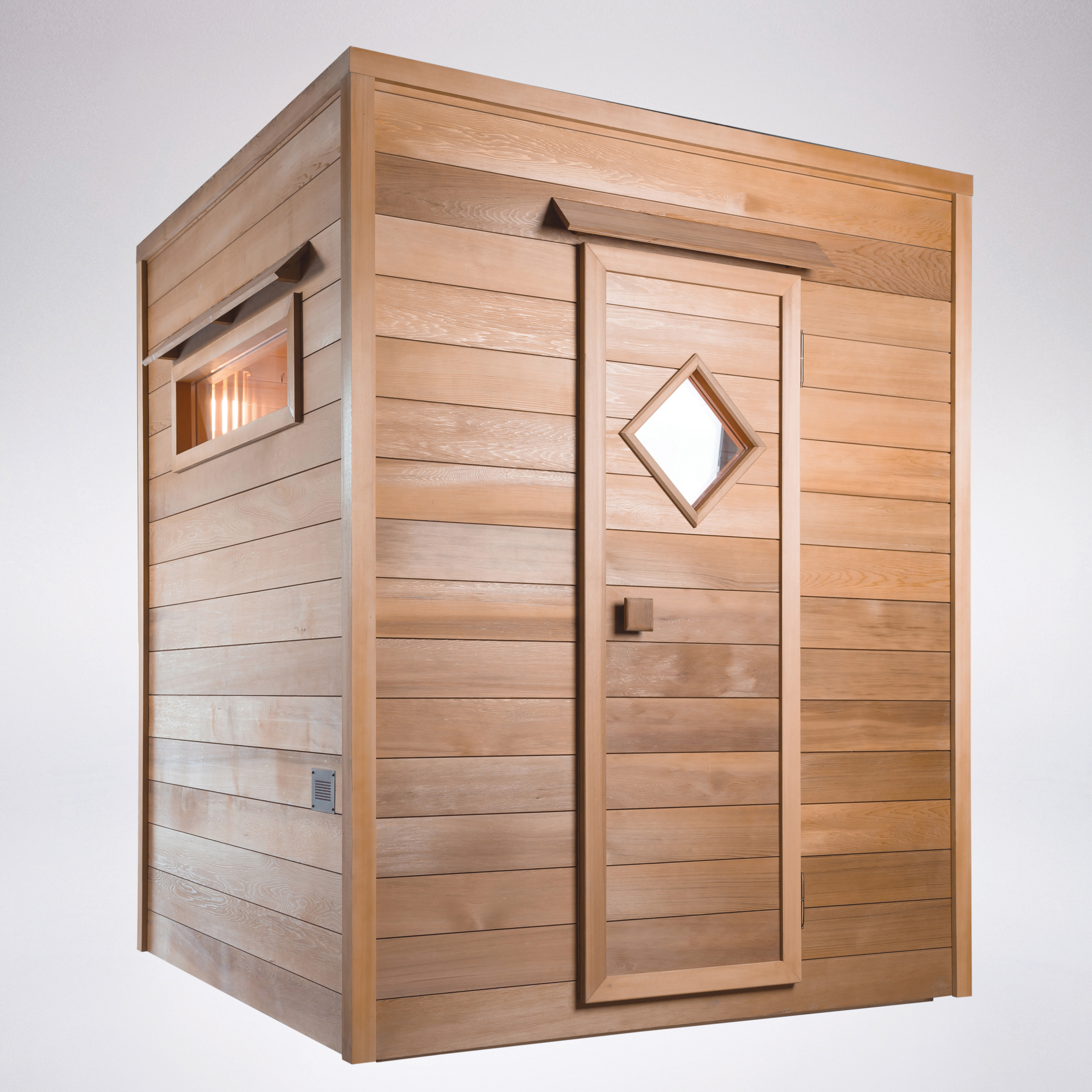 Sauna da giardino in legno con finestra quadrata e porta con inserti in vetro