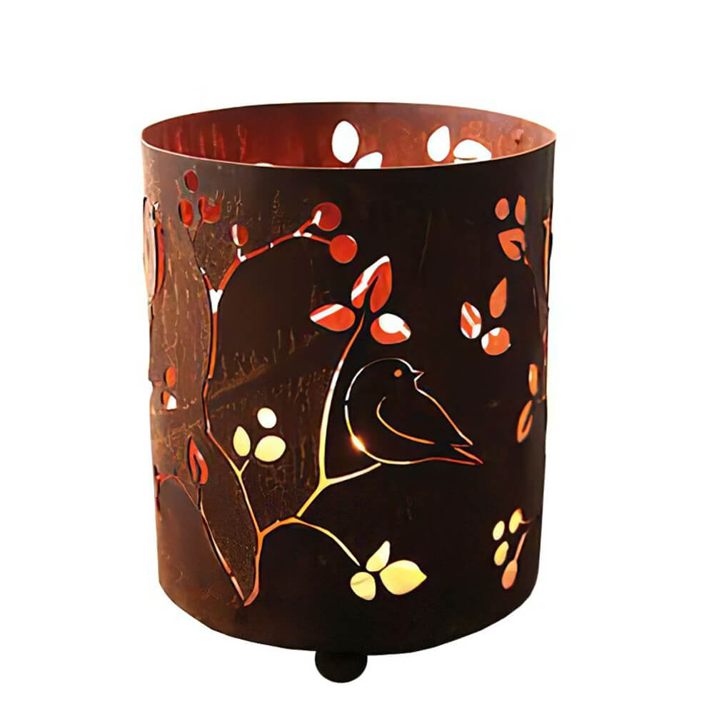 Stand Windlicht aus Eisen mit Vogelornamenten & Blättern - Teelichthalter Florales