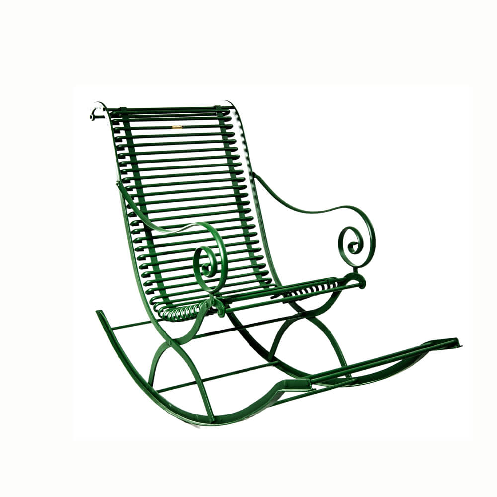 Elegante sedia a dondolo verde in metallo per il giardino