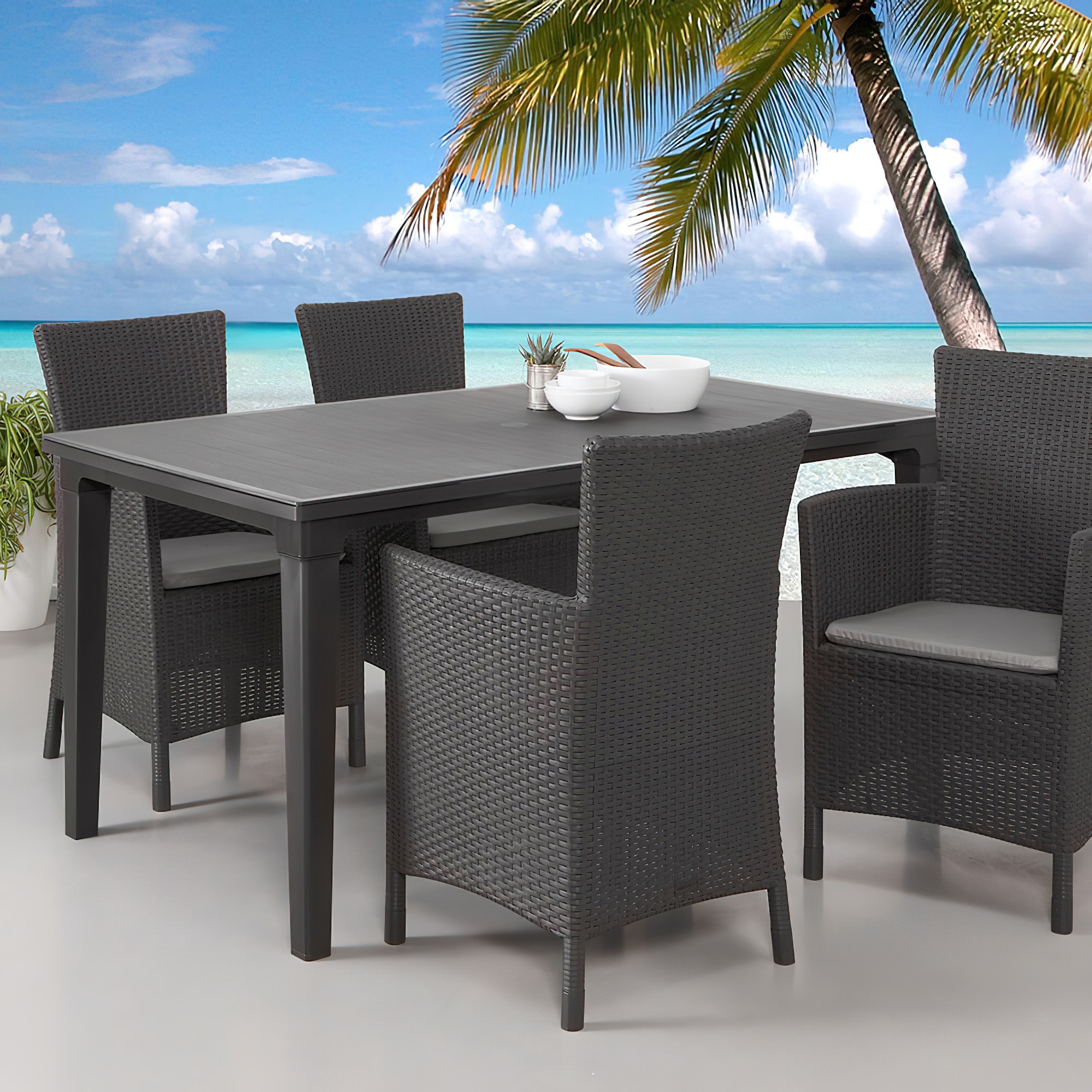 4er Gartengruppe mit Schirmloch und Sitzkissen - Rigosa Gartenecke / Anthrazit