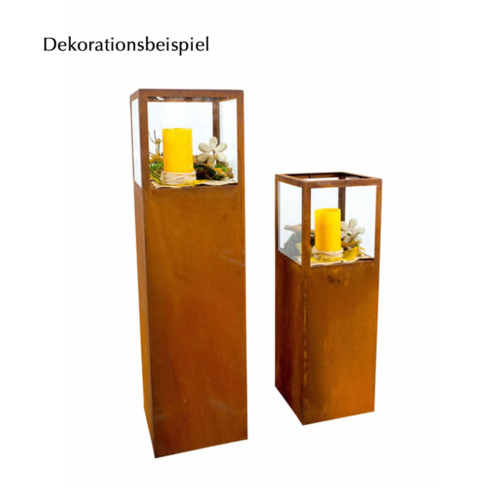 Eindrucksvolle Rost Säule mit Glaseinsatz für individuelle  Terrassen Gestaltung - Vetrina / 100cm
