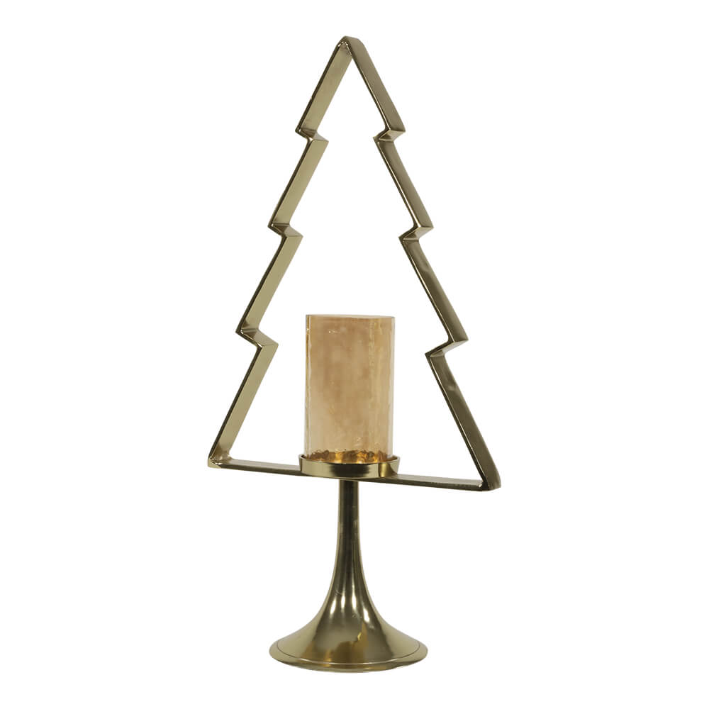 Porte-bougie en métal avec un verre de protection en forme de sapin de Noël