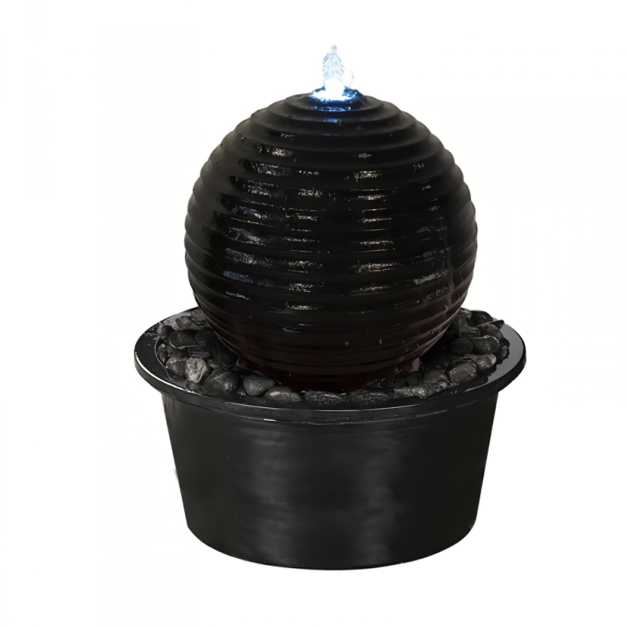 Fontana moderna nera a forma di sfera in pietra con gioco d'acqua in un vaso da giardino