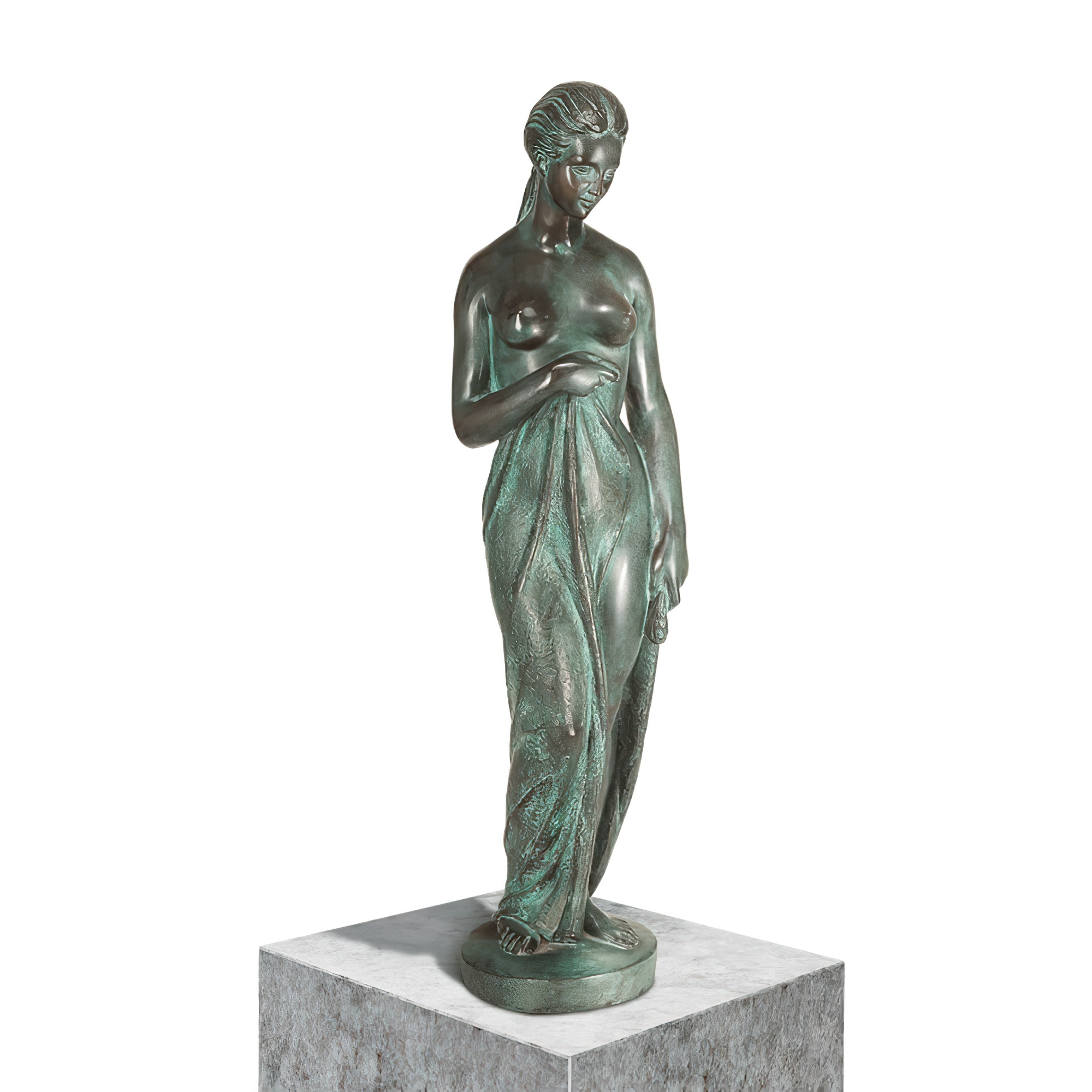 Bronze Frau-Aktskulptur mit grüner Patina - Nach dem Bade