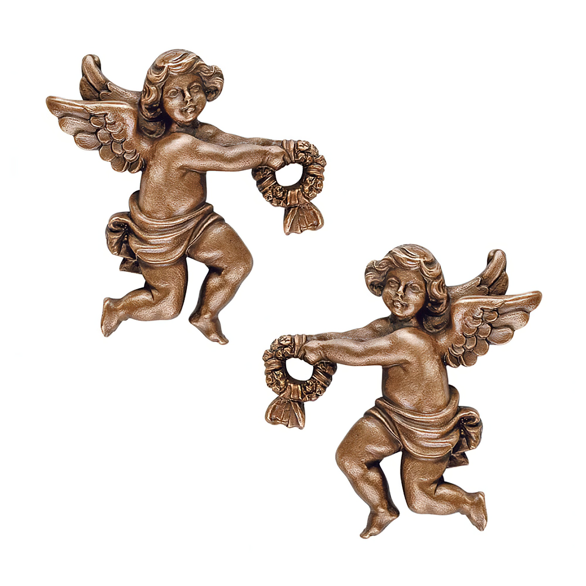 Due angeli in bronzo che tengono corone, decorazioni per il giardino