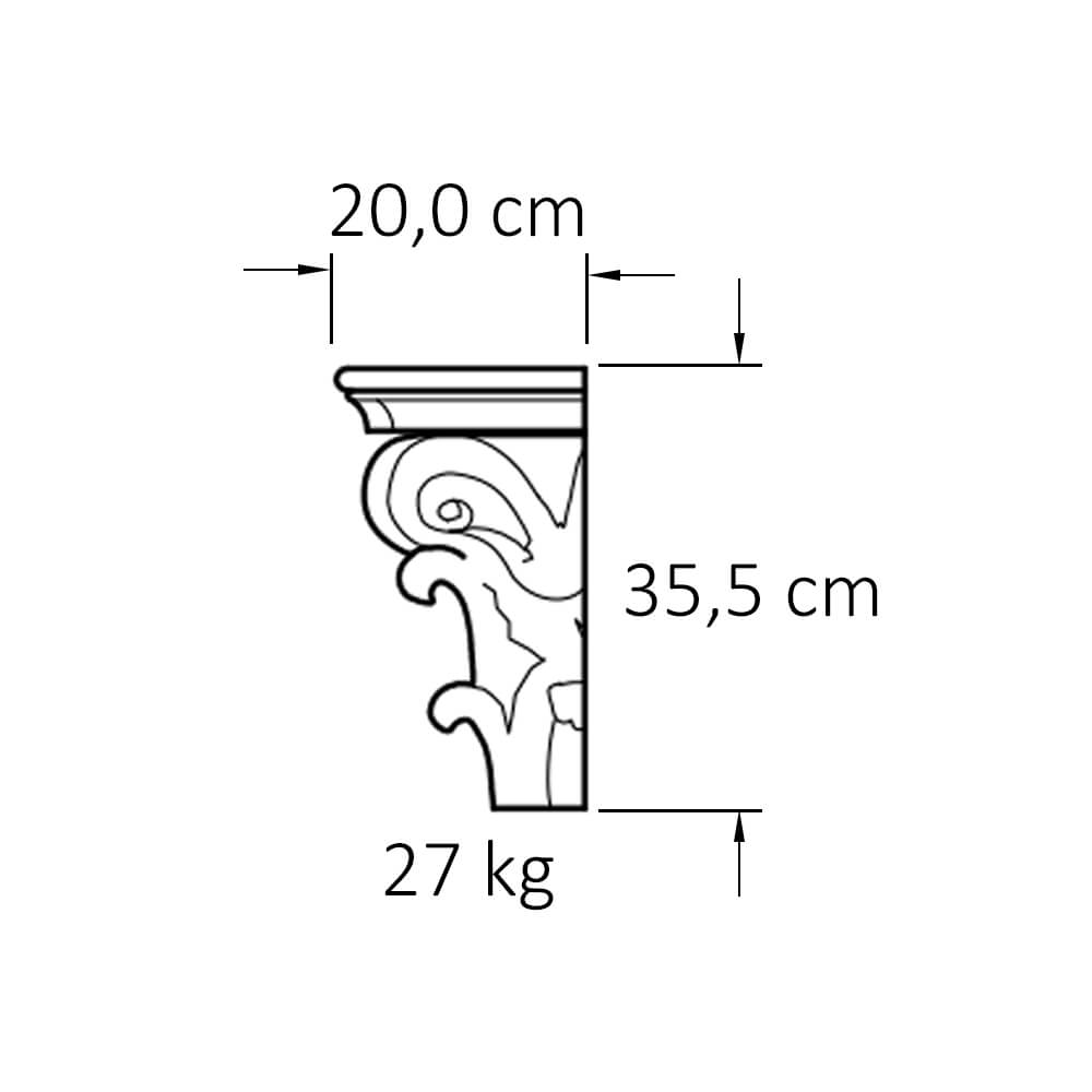 Vue latérale d'une console décorative de jardin avec mesures indiquant 20 cm de large, 35,5 cm de haut, poids 27 kg