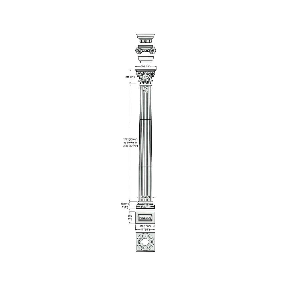 Disegno di una colonna antica alta con capitello decorativo per decorazione da giardino