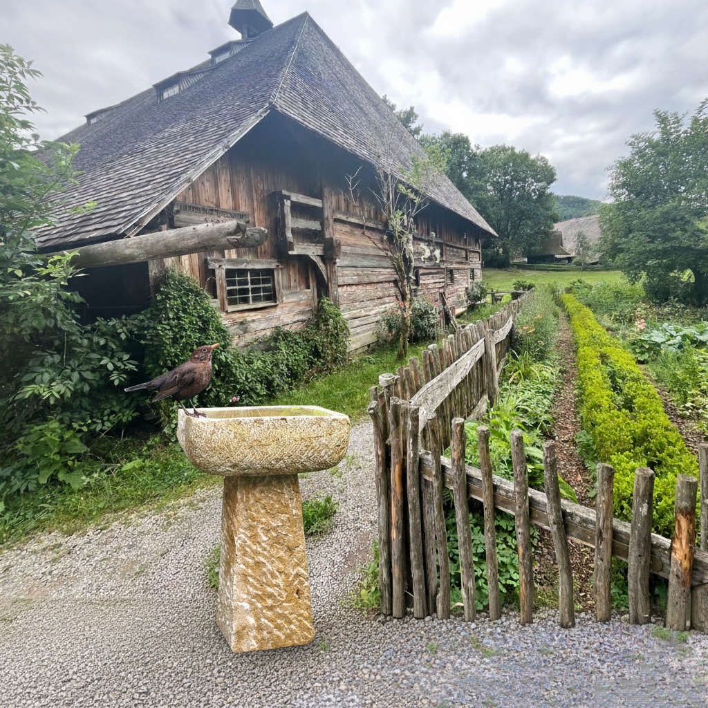 Fontana da giardino in pietra davanti a una vecchia casa di legno e un giardino verde con una recinzione in legno