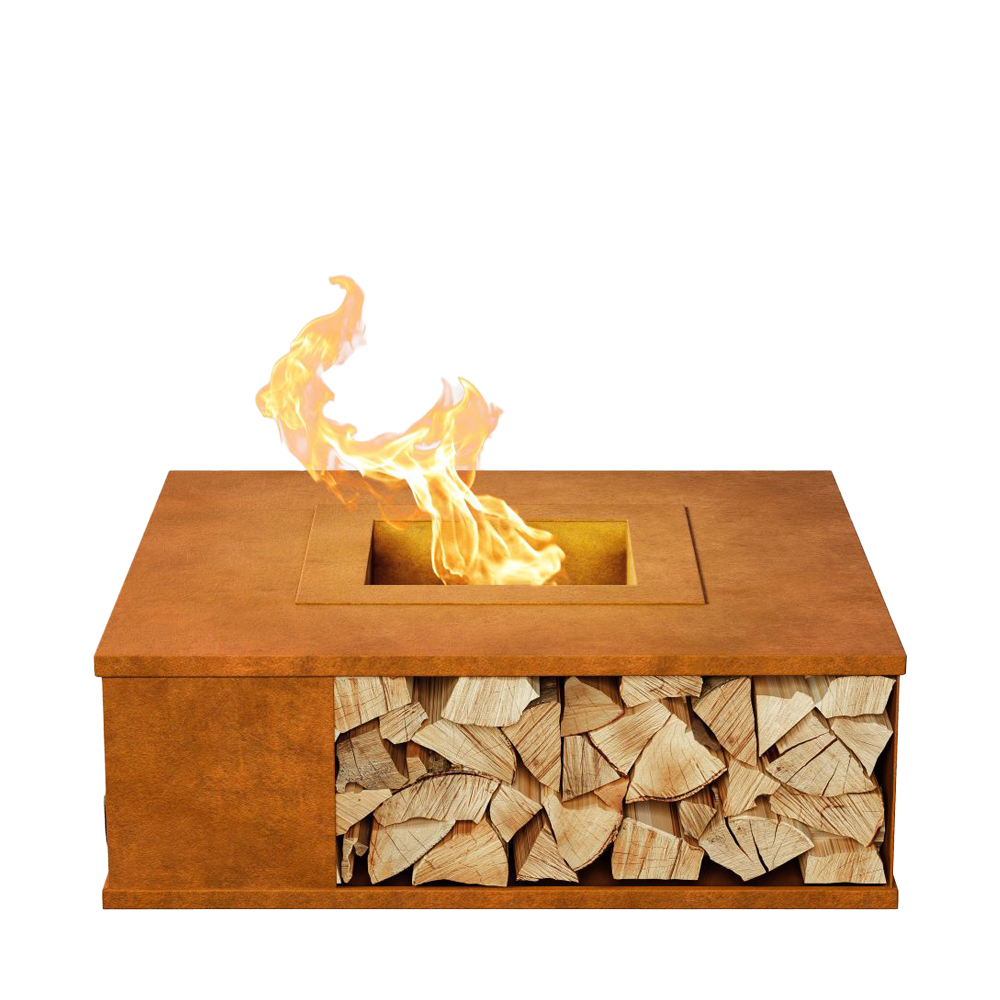 Eindrucksvoller Gartenkamin aus Metall in Rostoptik mit Brennholzfach