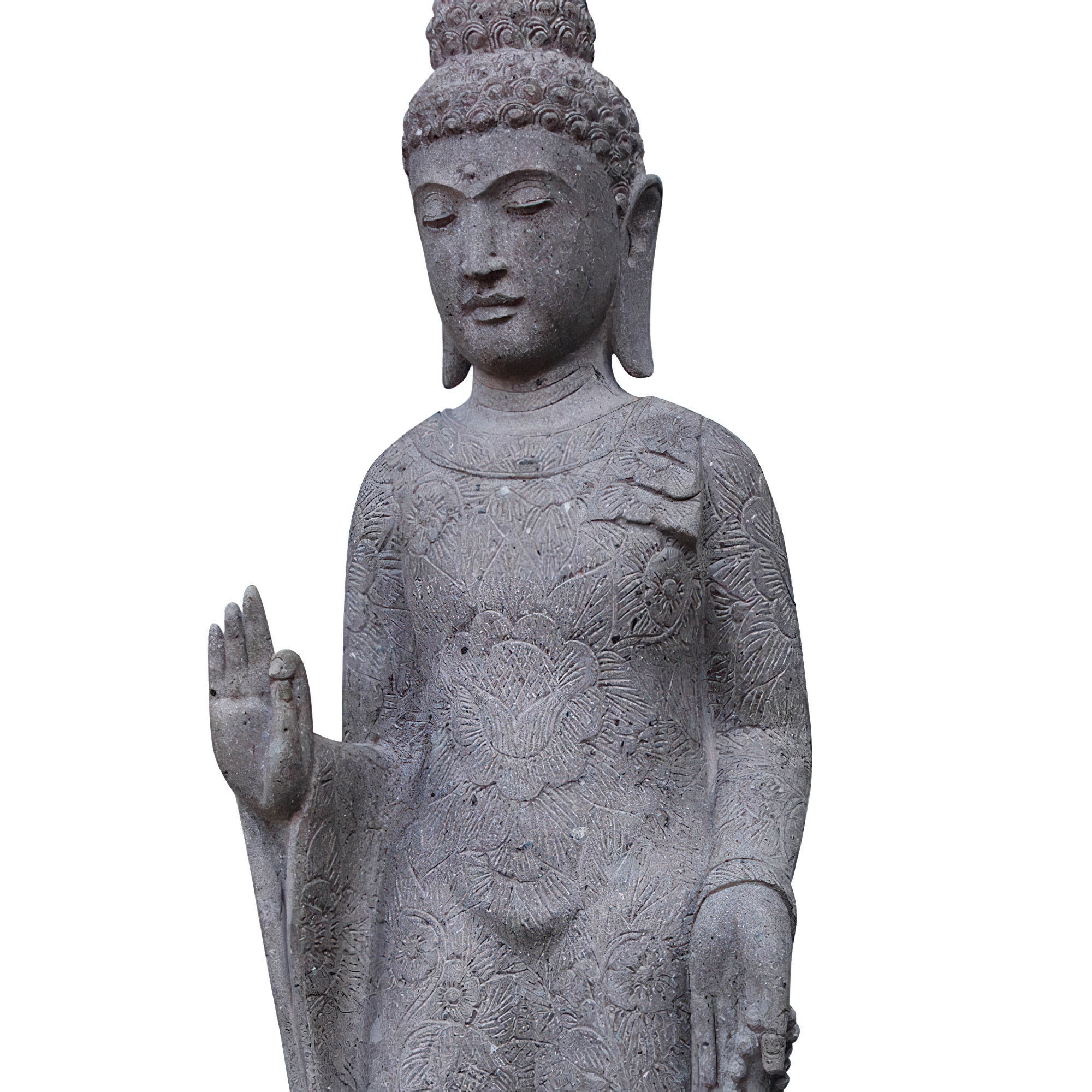 Décoration de jardin : sculpture détaillée de Bouddha en pierre avec main levée