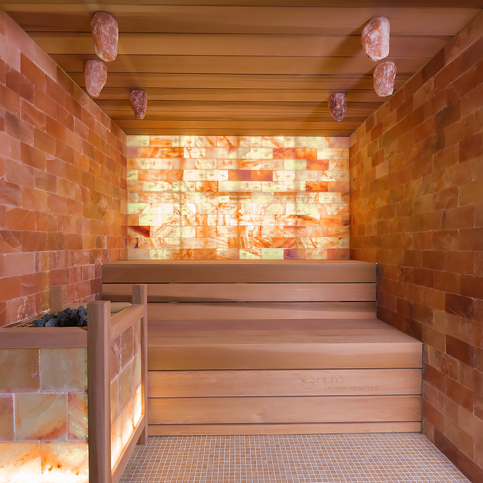 Individuelle Salzgrotte mit Fliesen aus Himalaya Salz, Holzliegen und Glasfront - Thais / ohne Solevernebler