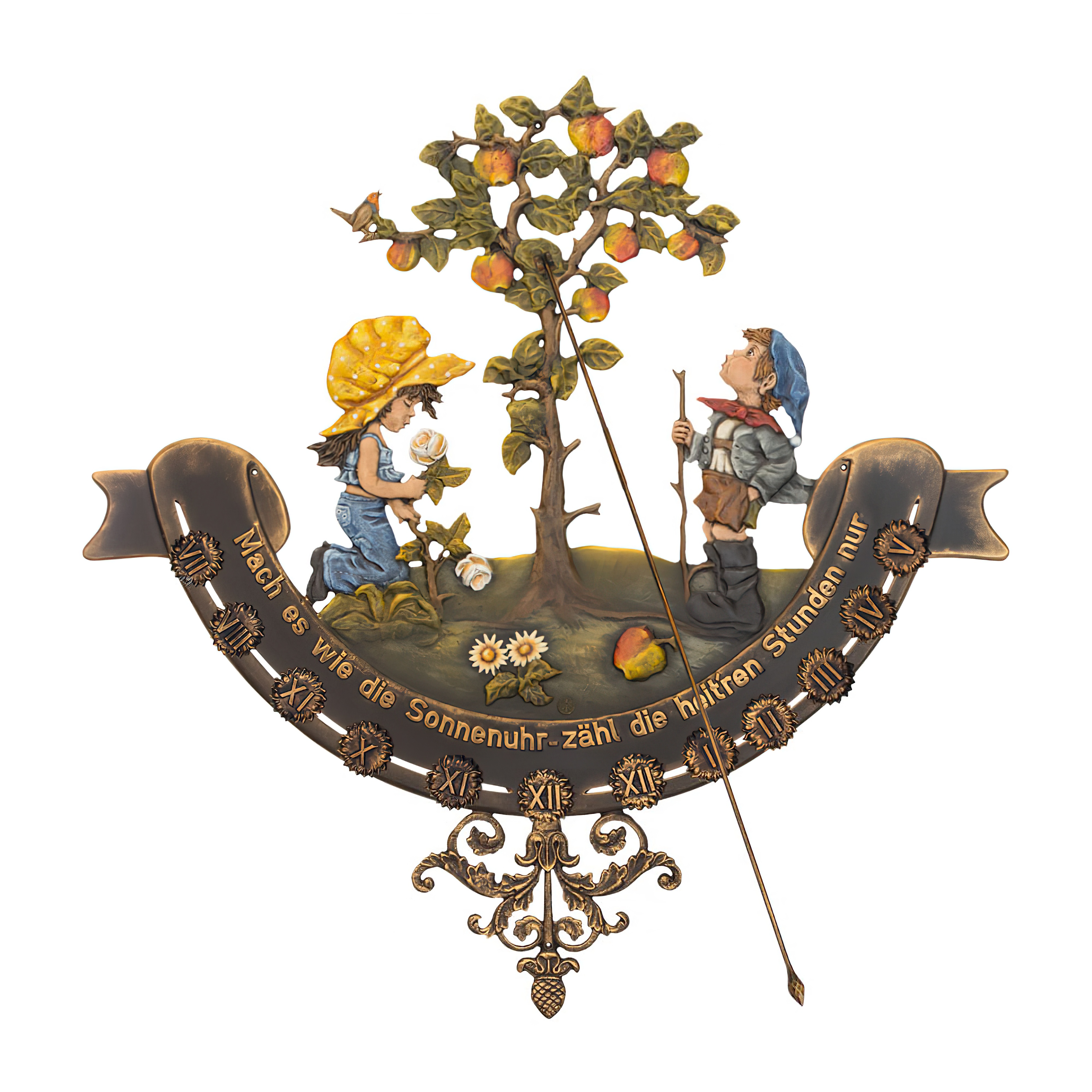 Schöne Metallguss Vertikalsonnenuhr mit Kindermotiv - Kinder unterm Apfelbaum