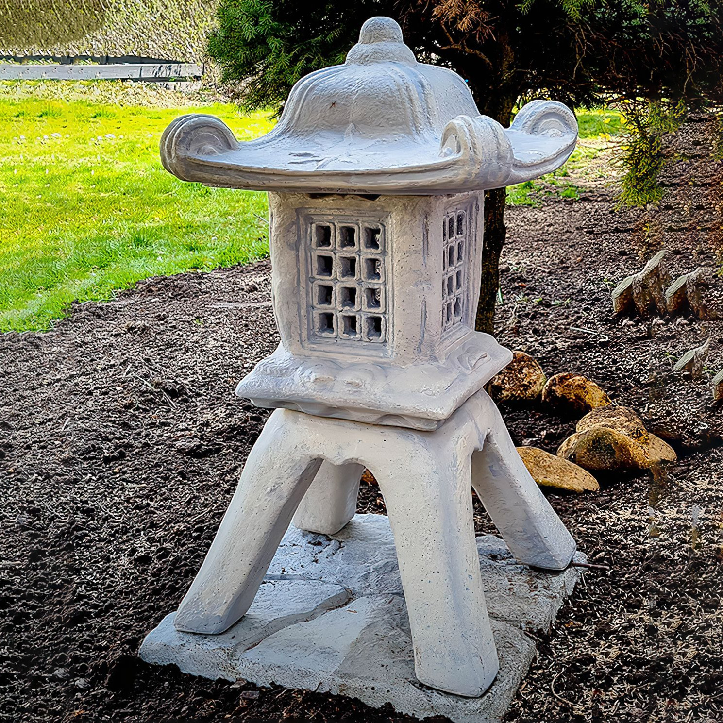 Eckige Japan Leuchte für den Garten aus wetterbeständigem Steinguss - Ermioni / Etna