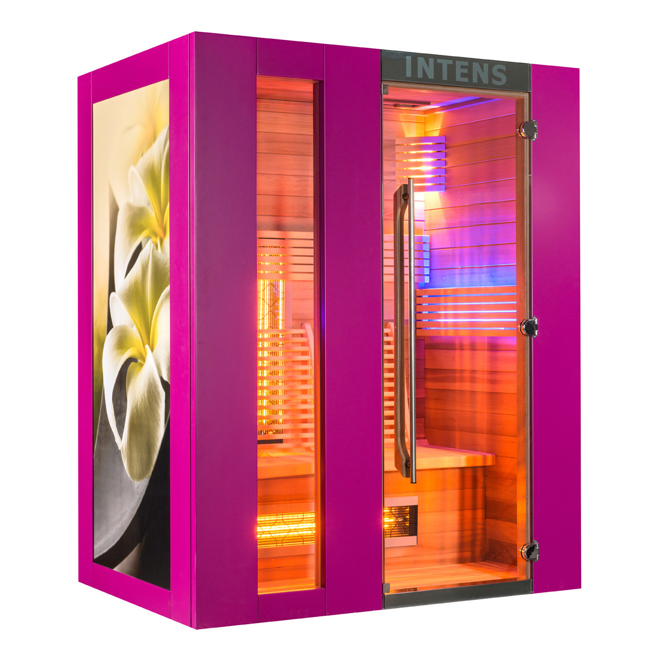 Sauna da giardino esclusiva con frontale in vetro e decorazione floreale laterale rosa