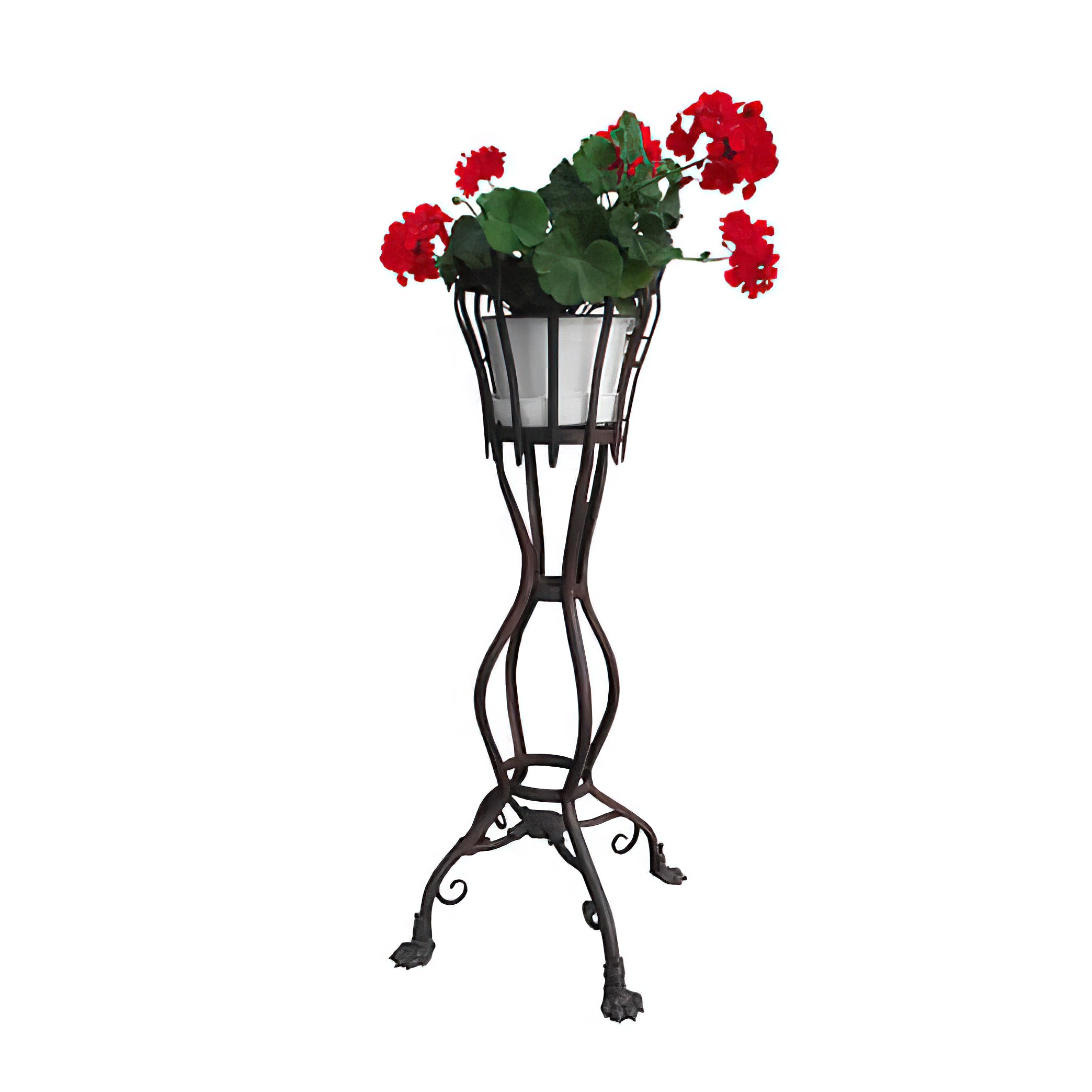 Supporto per fiori nero in metallo con fiori rossi per decorazioni da giardino